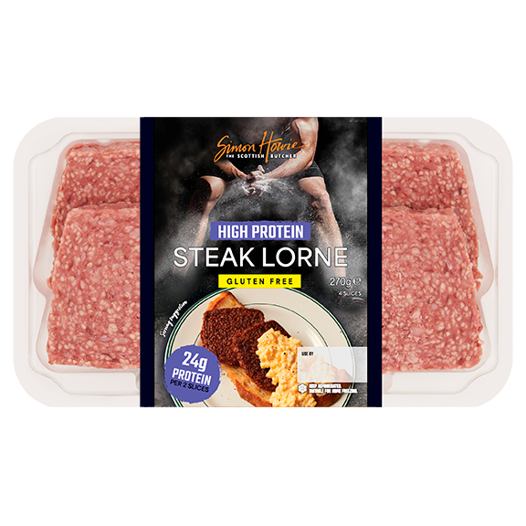 Pack of Simon Howie High Protein Steak Lorne showing four slices in a 270 g tray.