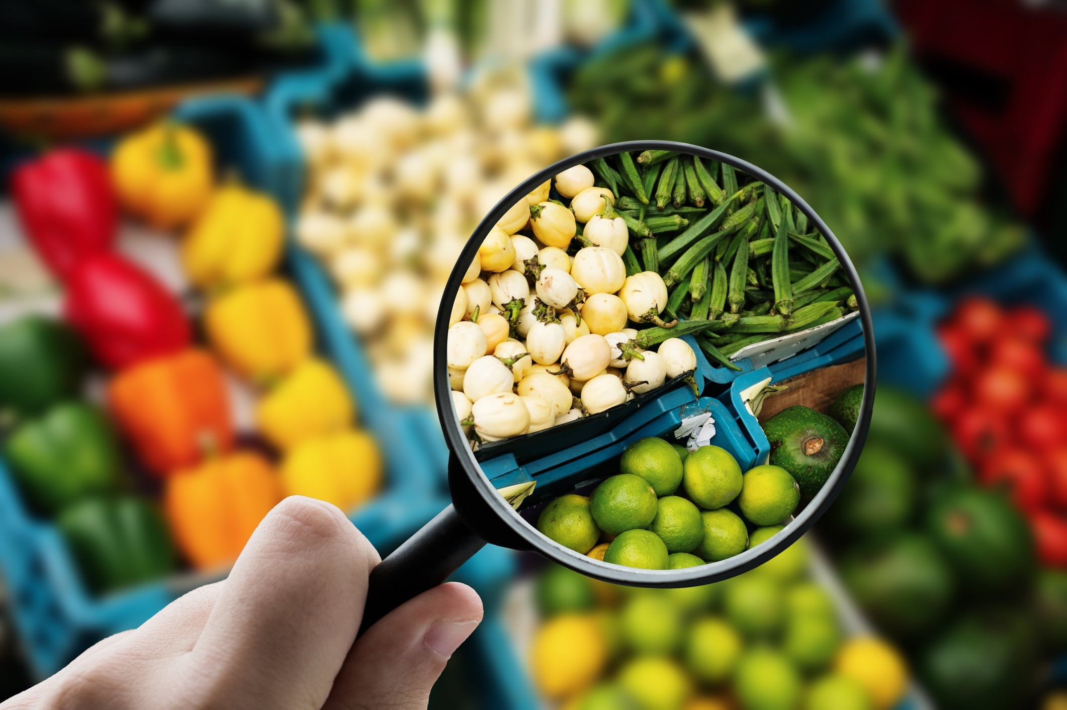 A magnifying glass focusing on fruits and vegetables for sale in a market.