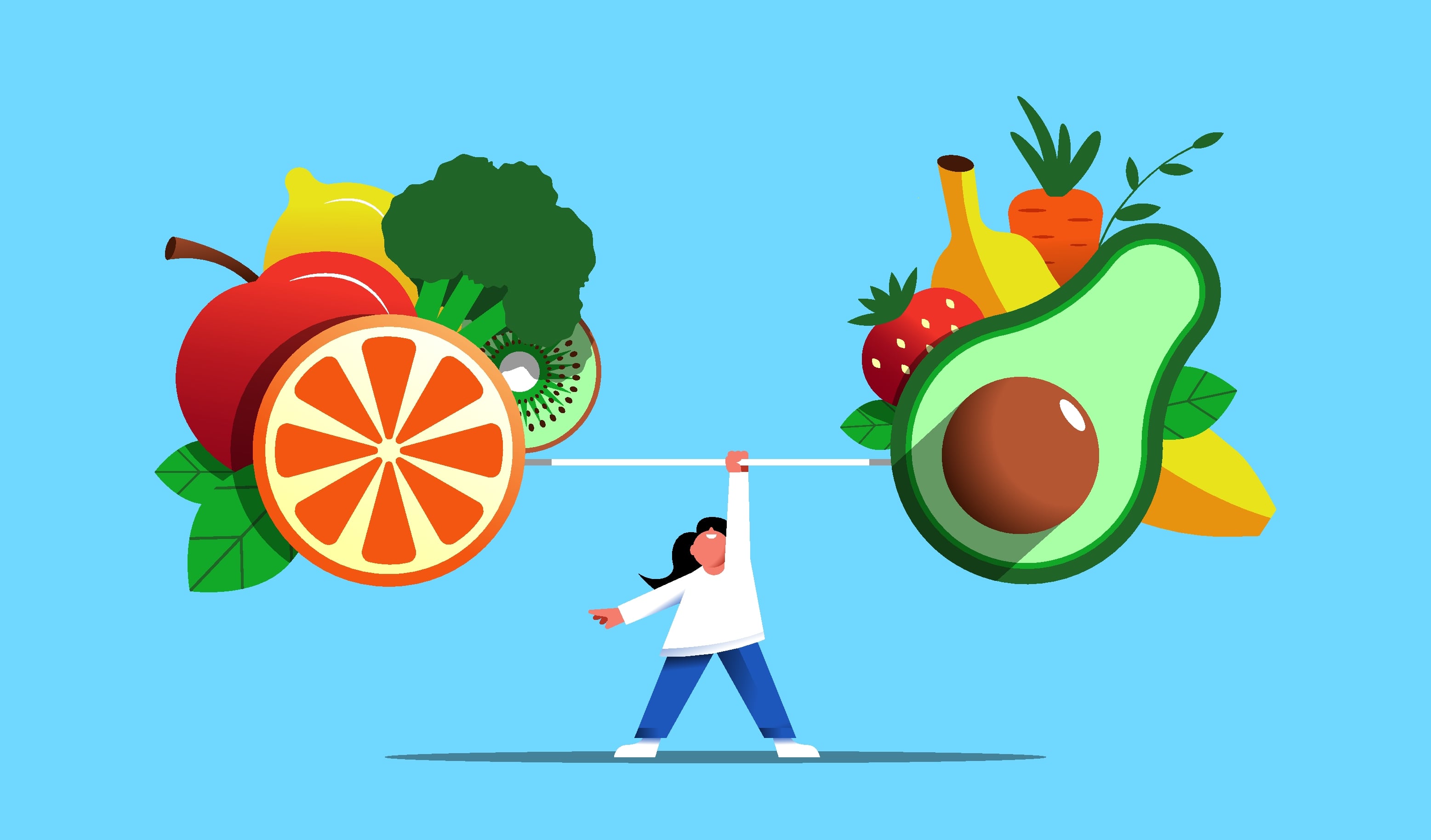 Little girl lifting barbell with fruits. Healthy lifestyle, wellbeing, dieting concept. Vector illustration.
