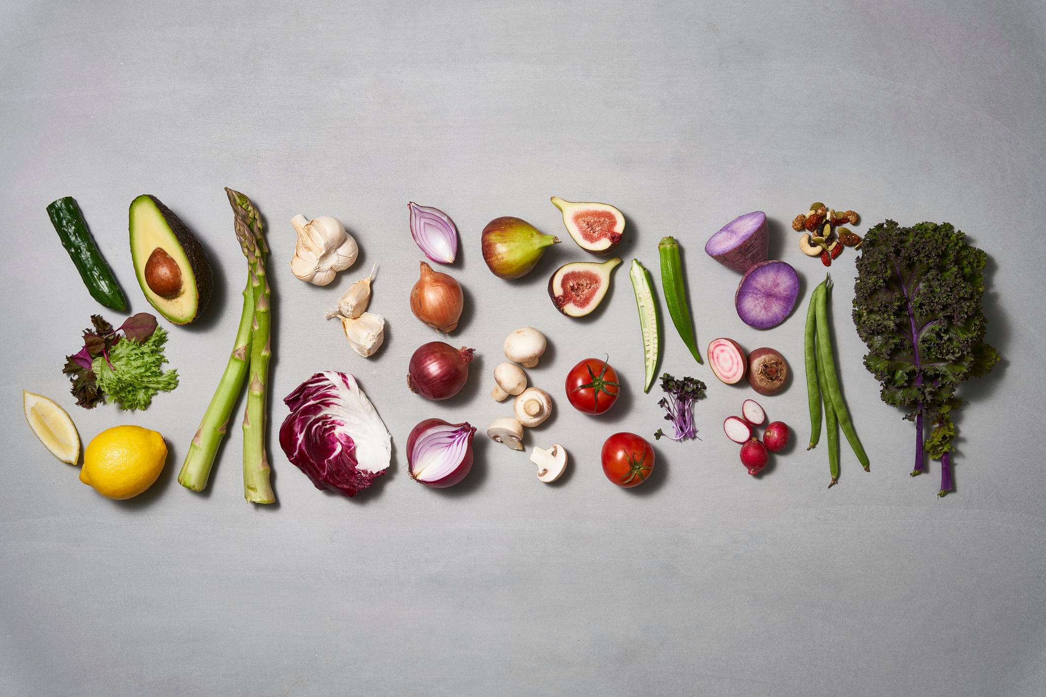 Vegetables spread out on the table.