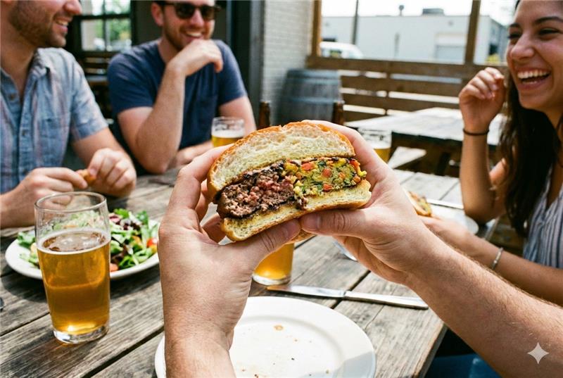 Lifestyle shot of eating hybrid burger, with a split between plant-based and meat shown in the cross-section