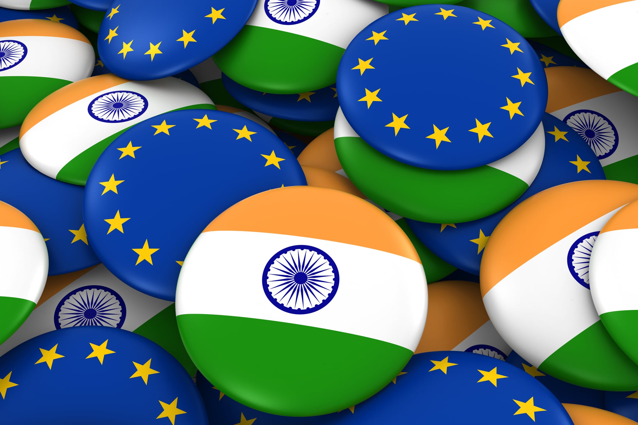 India and Europe Badges Background - Pile of Indian and European Flag Buttons 3D Illustration