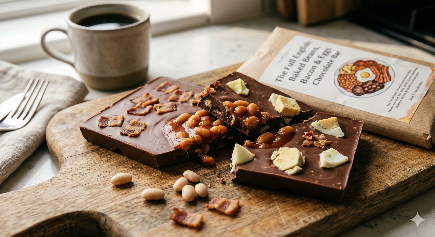 Chocolate bar with bacon and baked beans