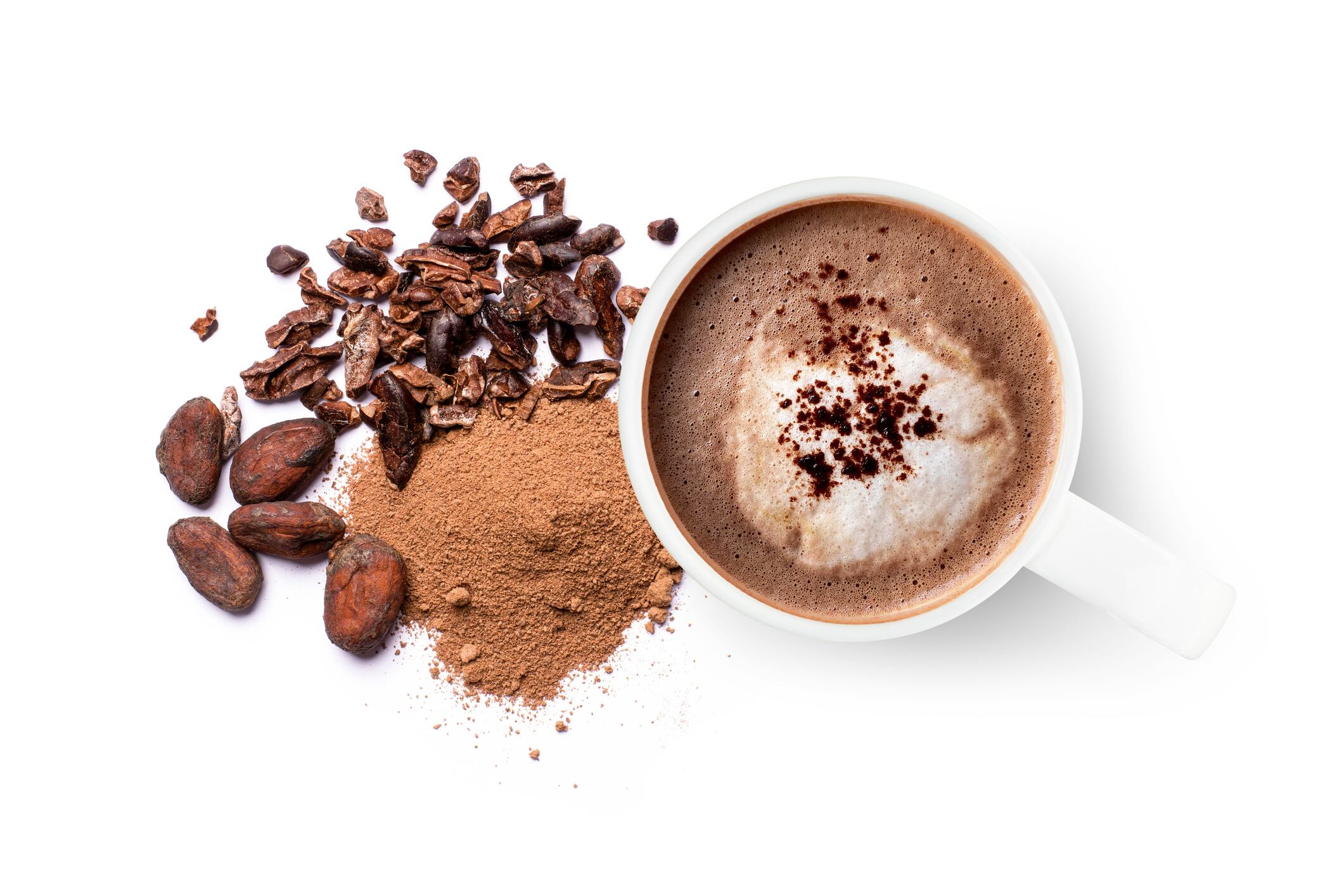 Mug of chocolate drink and cocoa powder with cacao beans isolated on white background. Top view. Flat lay.