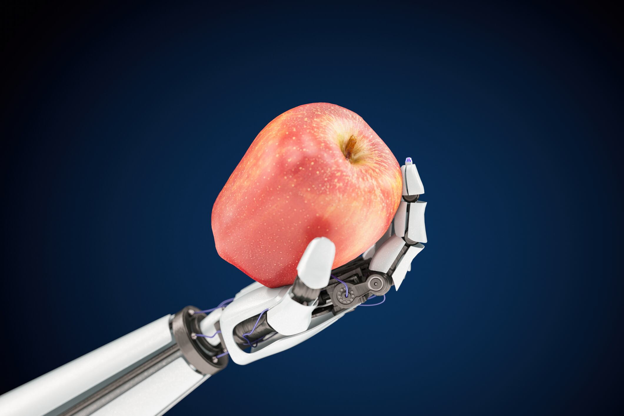 Futuristic Robotic Hand Holding Fresh Red Apple on Blue Background. 3D Render