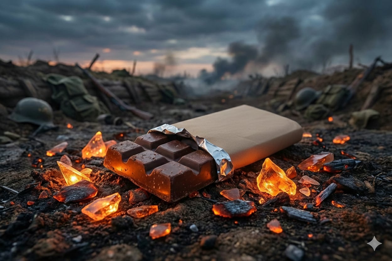 Chocolate bar on field of fire