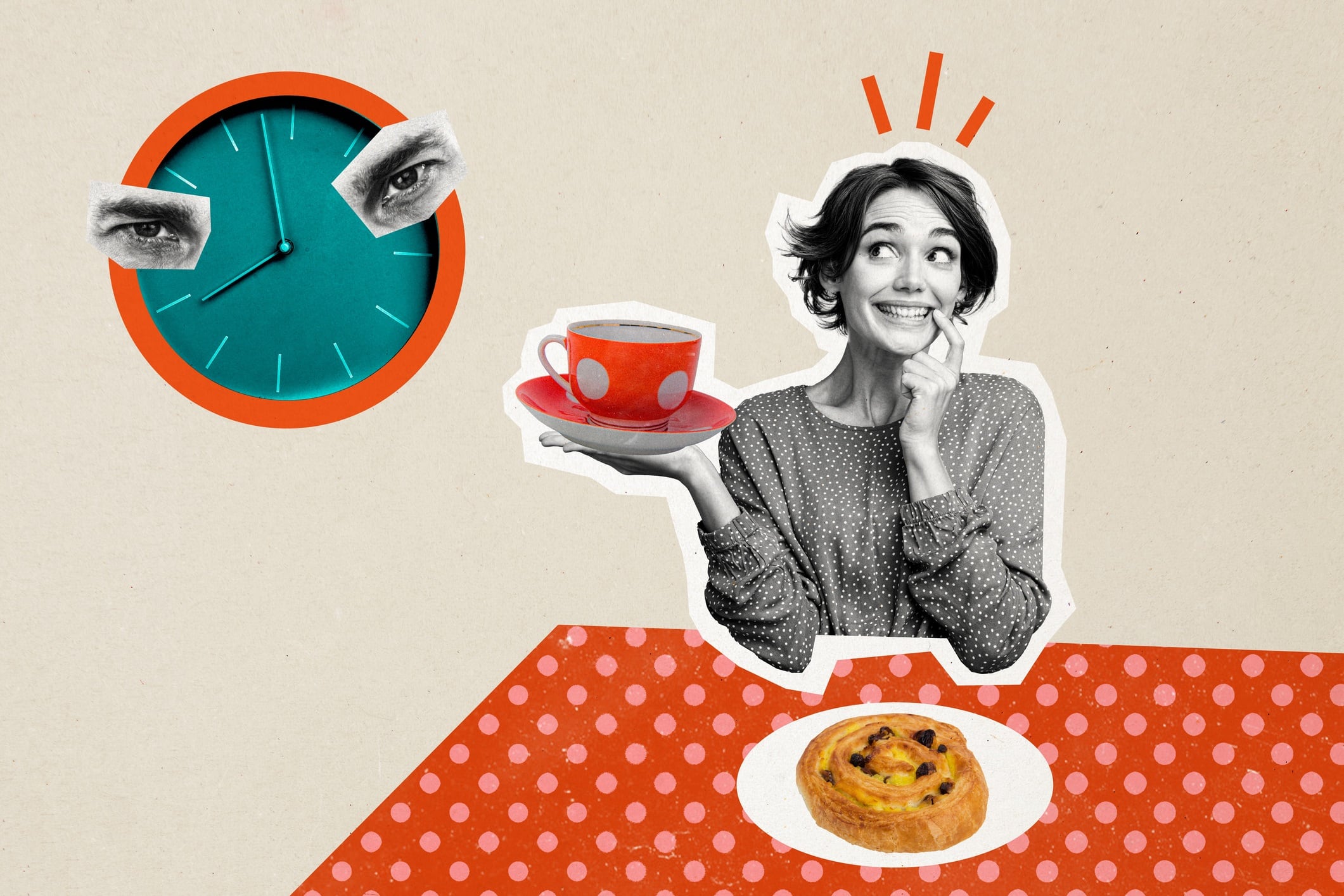 Composite photo collage of woman holding cup and saucer, with a pastry on the table, and a clock in the background.
