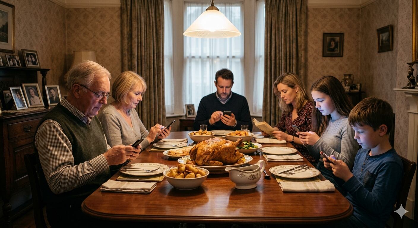 Family at a dinner table, looking at their phones, with a roast chicken in the middle of the table