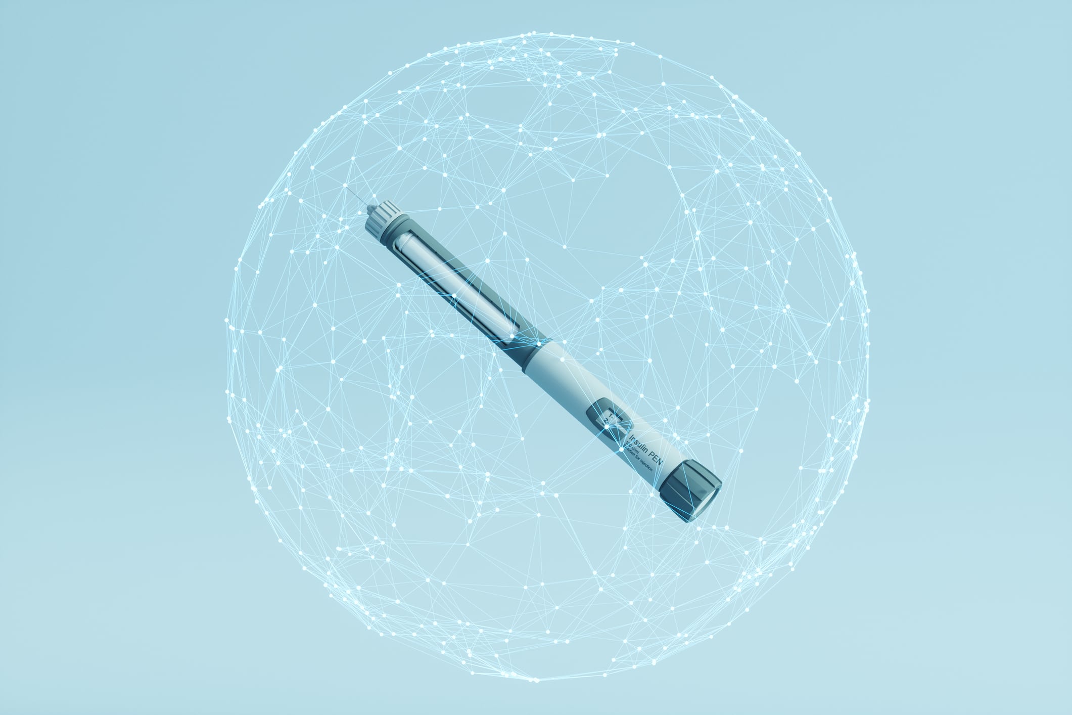 A medical injection pen is displayed floating at the center of a glowing digital network sphere, symbolizing advanced healthcare innovation and the integration of medical technology with data-driven systems. The sterile blue background and interconnected points create a futuristic, high-tech atmosphere, emphasizing precision medicine and modern treatment solutions.