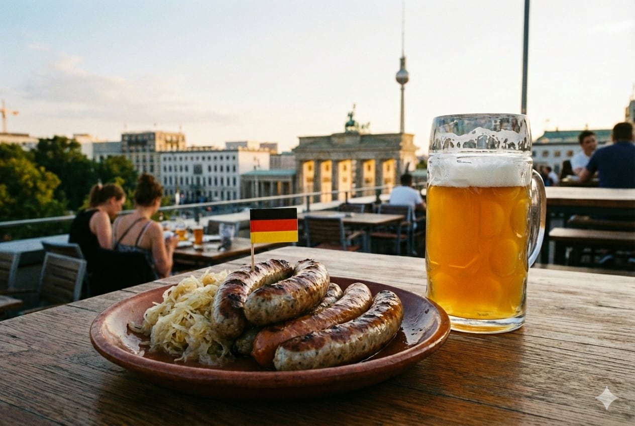Plate of Bratwurst and saurkraut in Berlin, with beer. German flag on top