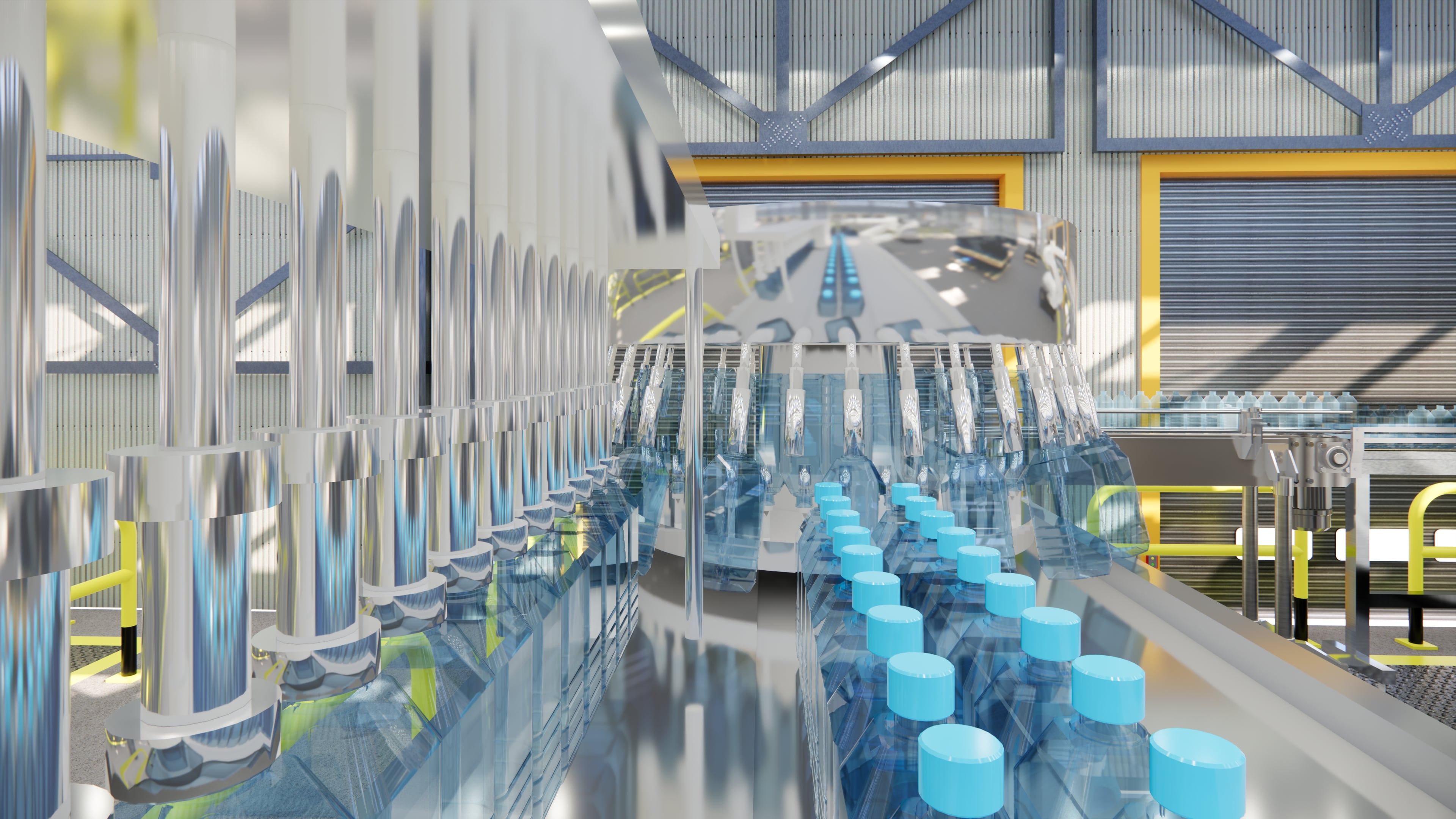 Plastic beverage bottles transported on an automated conveyor system  production. Beverage manufacturing, packaging automation. Industrial robot moving up the production hall and sorting the products .3D rendering interior bottle factory.