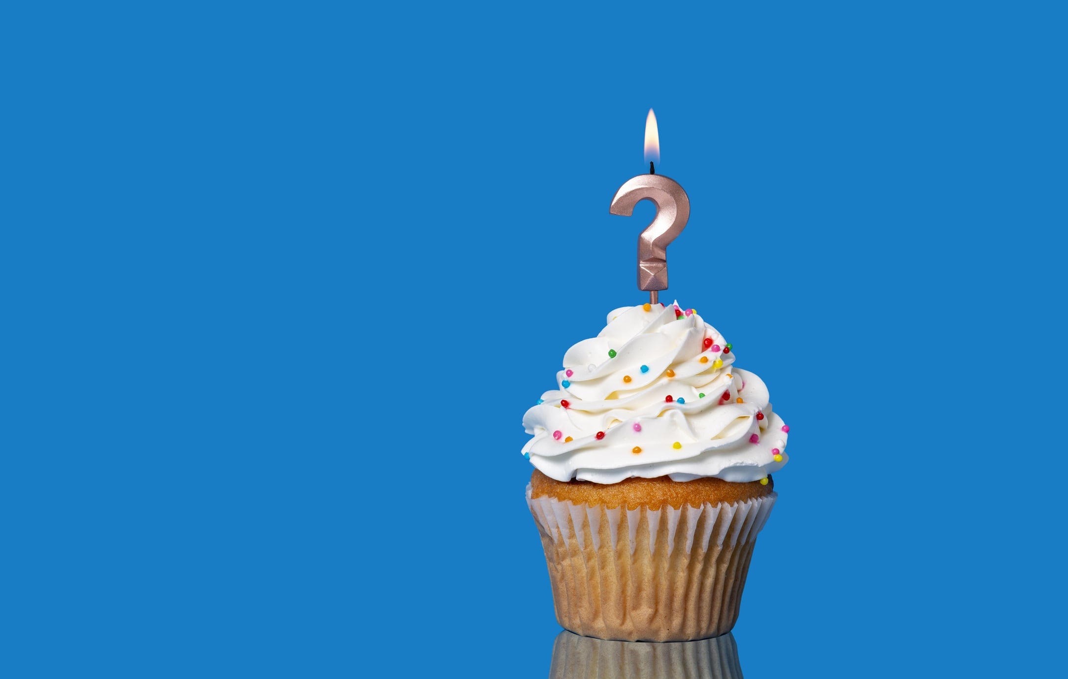 Cupcake with lit question-mark candle