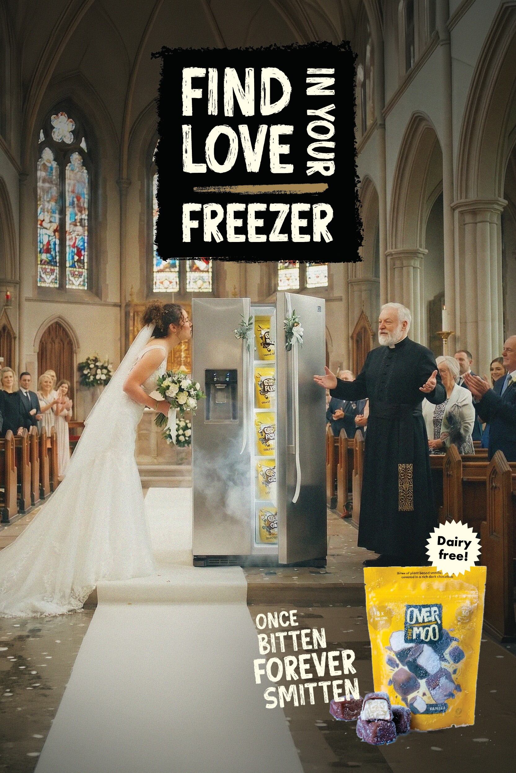 Over the Moo plant-based ice cream bites packaging in a freezer setting.