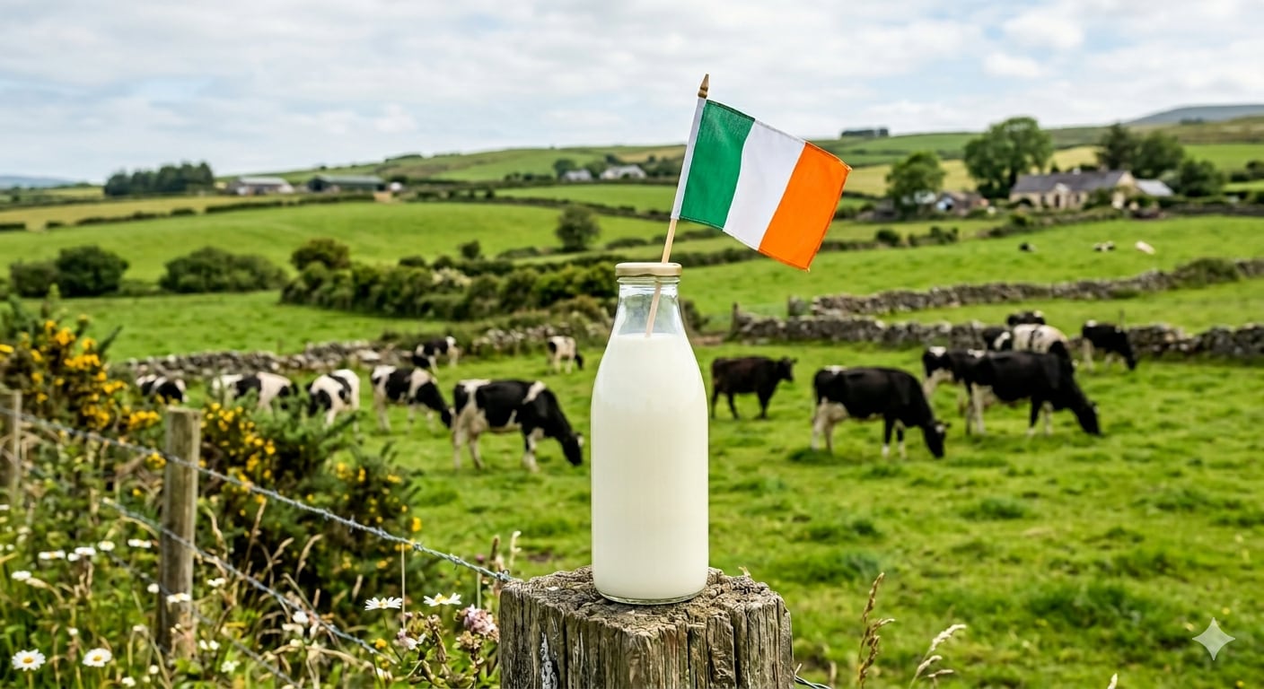 Bottle of milk with Irish flag and cows in background