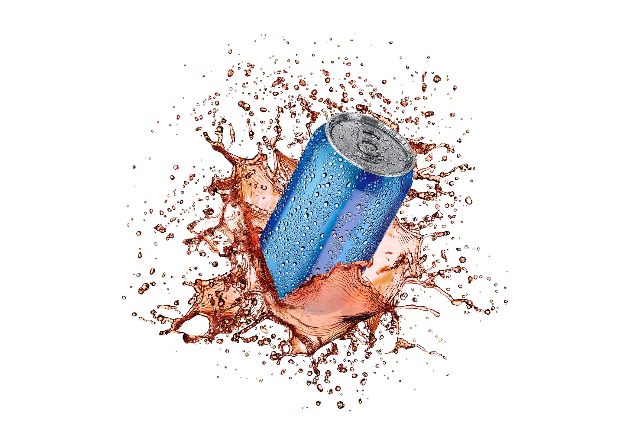 Blank blue aluminum 330 ml soda can with drops splash mockup, 3d rendering. Empty colored drink jar with lemonade splashing mock up wave background. Clear cool refreshment liquid template.
