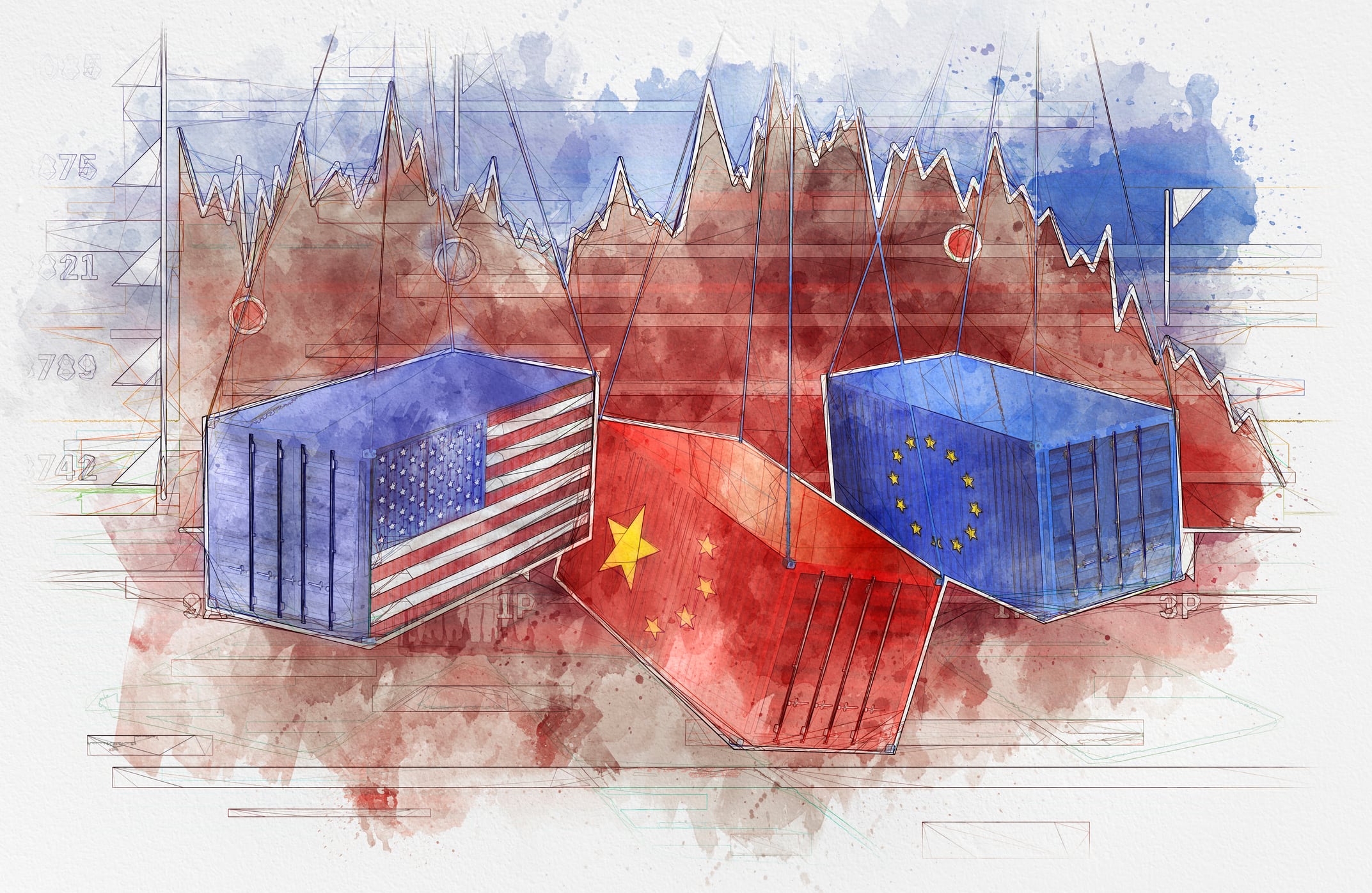 American european and chinese Cargo Container illustrating the economic warfare and trade war