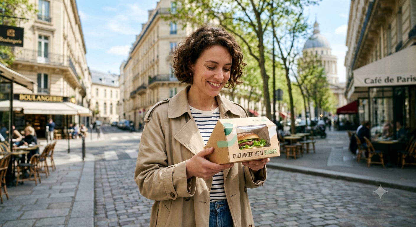 Person eating cultivated meat burger, Paris