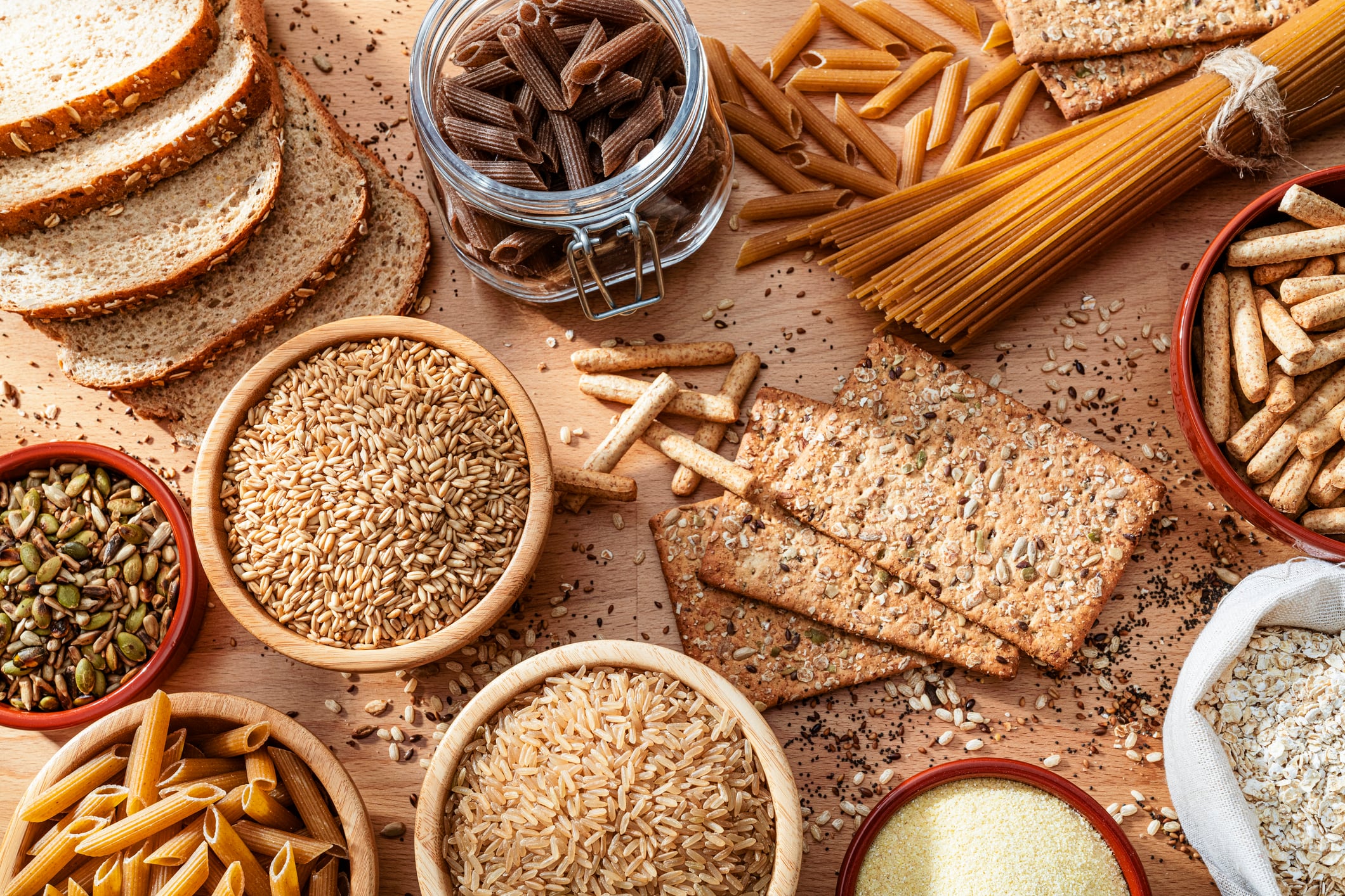 Healthy eating and dieting: top view of wholegrain and cereal composition. Source of dietary fiber. High resolution 42Mp studio digital capture taken with SONY A7rII and Zeiss Batis 40mm F2.0 CF lens.