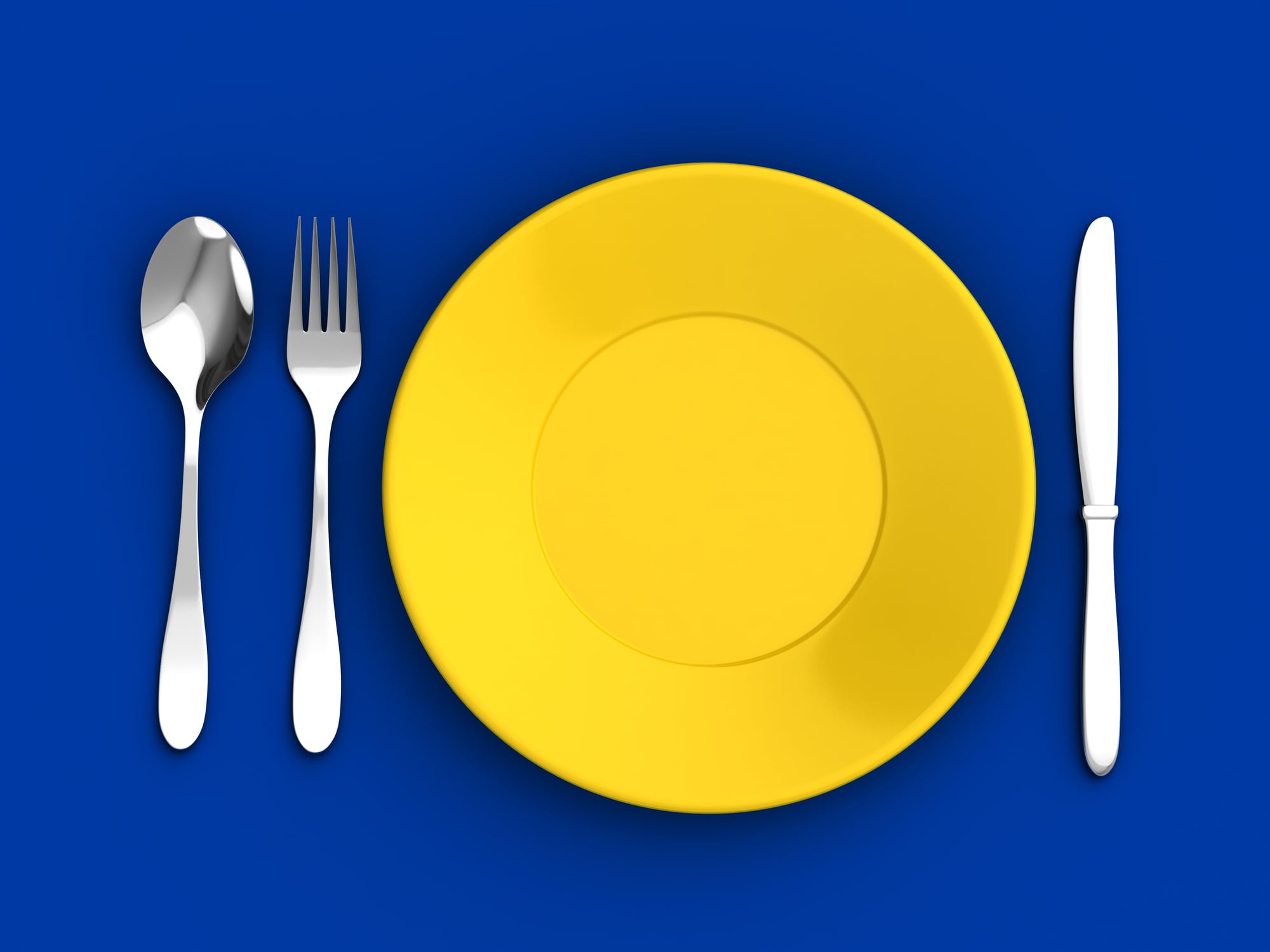 3d render of knife, spon, fork and yellow plate over blue background
