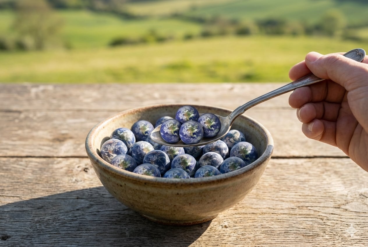 Spoon reaching into bowl of earths