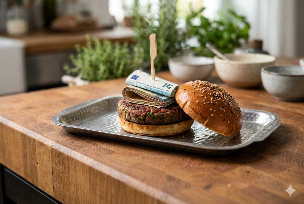A plant-based burger on a metal tray, with a wad of euros on top