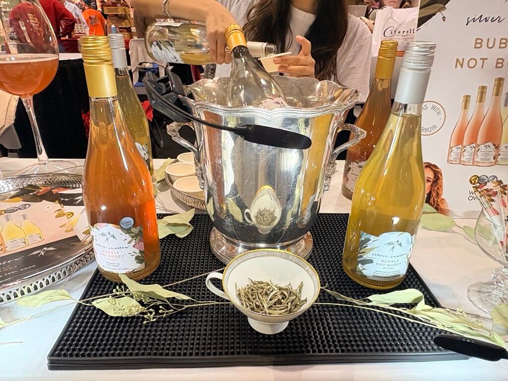 Silver Swallow's sparkling tea-based Rosé and Blanc alternative is made from a fermentation process using teas sourced from specific regions like China for more layered flavor profiles, according to Founder Genna Woolston.