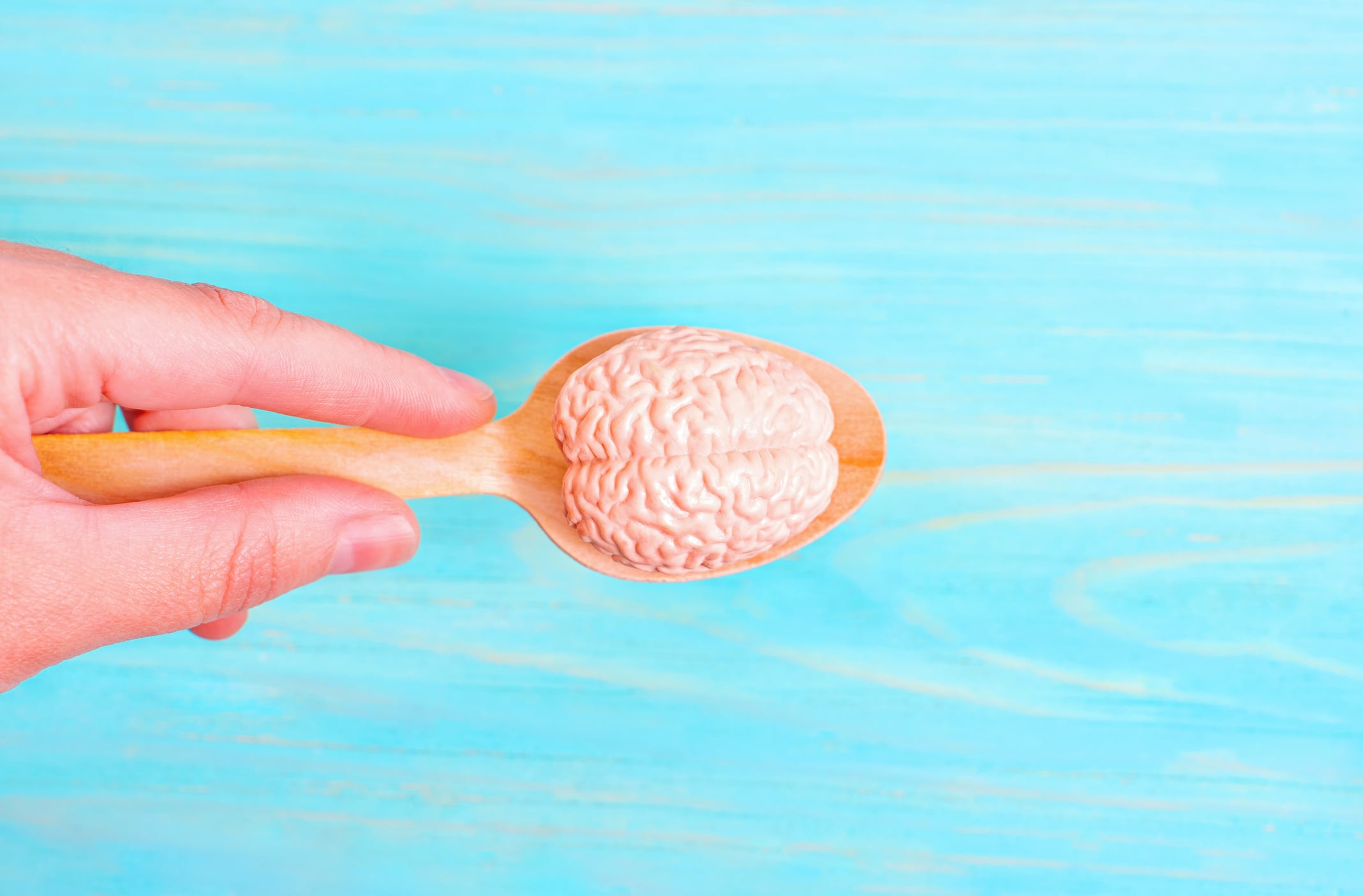 Hand holding a small wooden spoon with a toy human brain model isolated on blue background. Organic food for healthy mind.