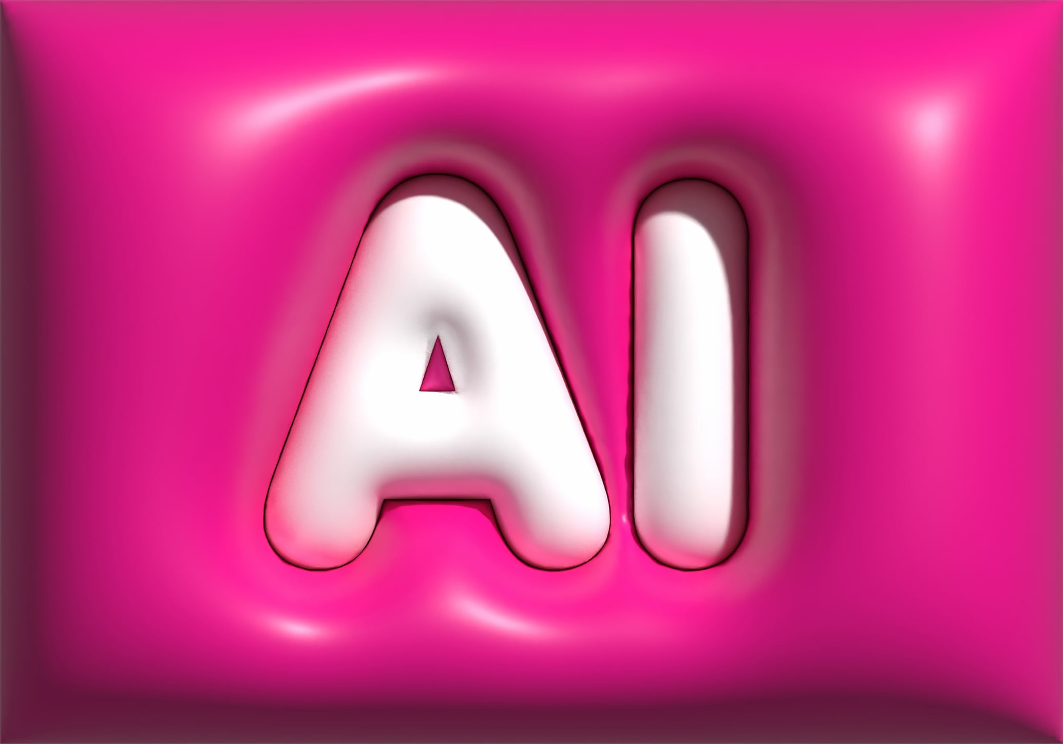 Inflatable AI in white on a pillowy pink background.