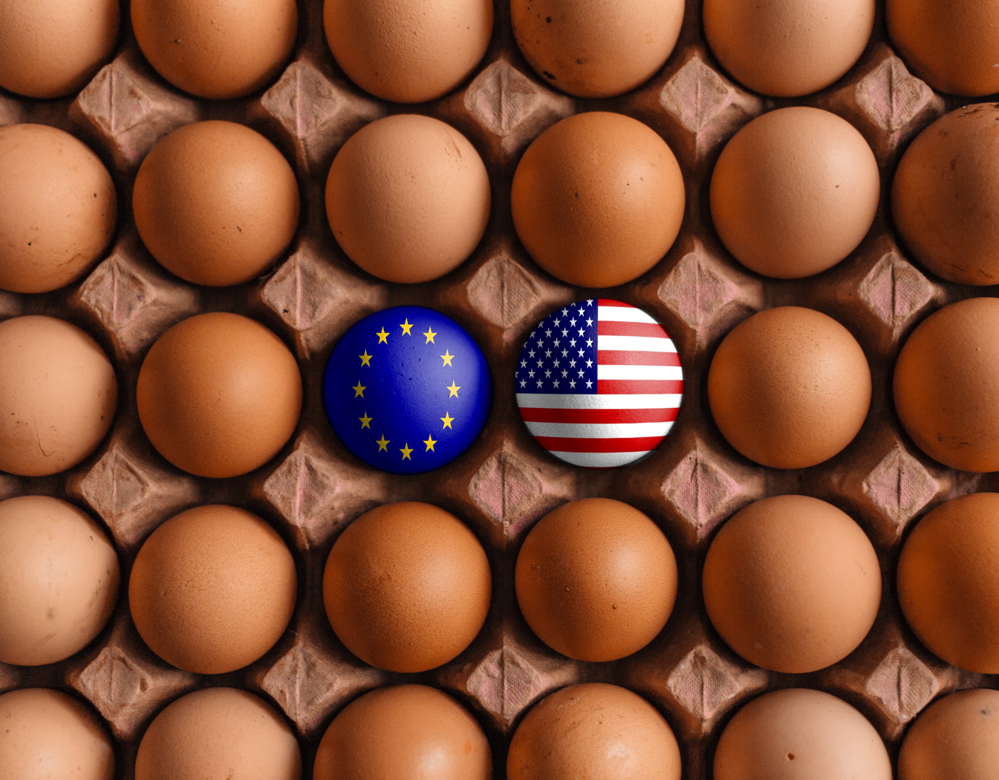 European Union and USA America flag on eggs with mask