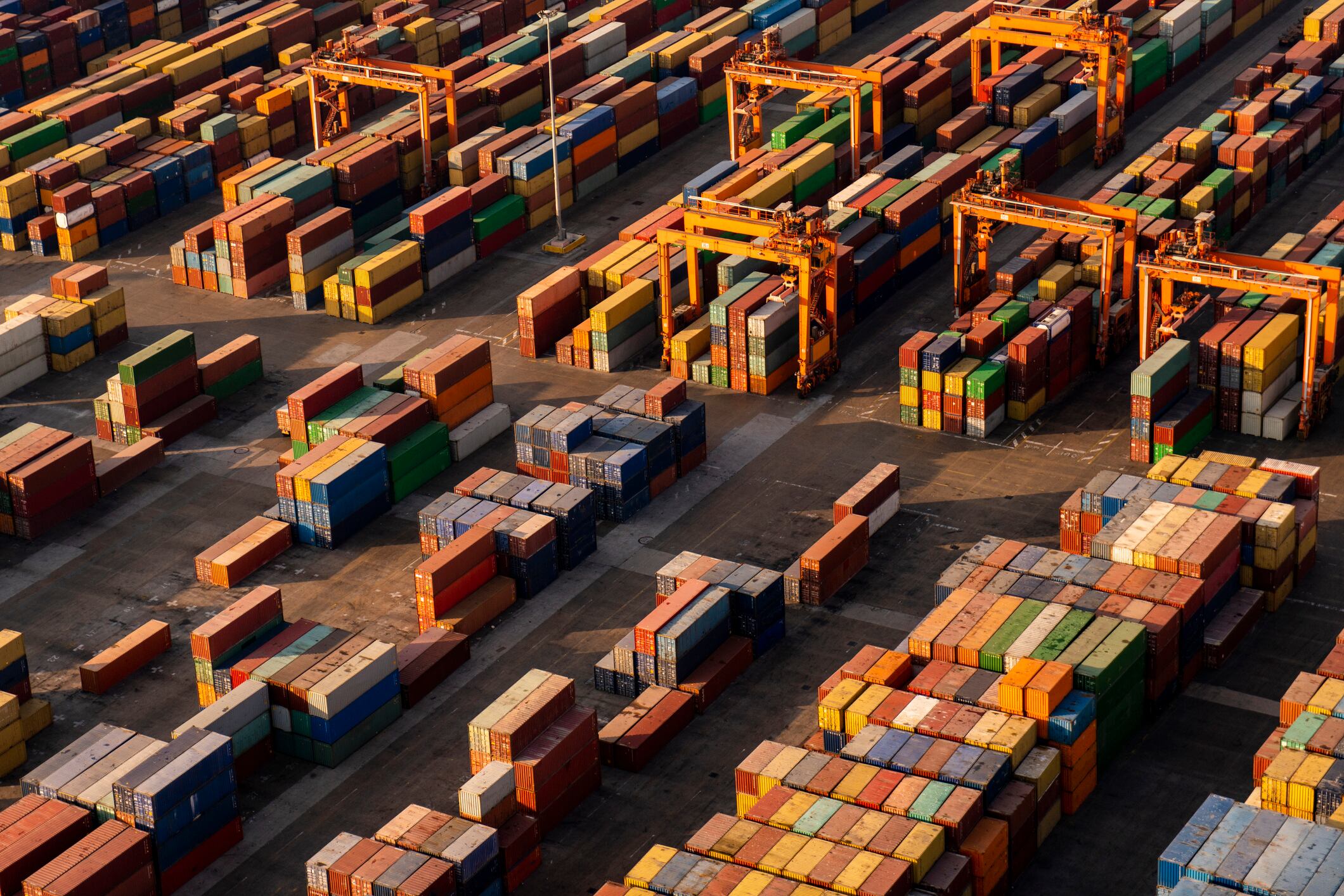 Containers waiting in port shot from above