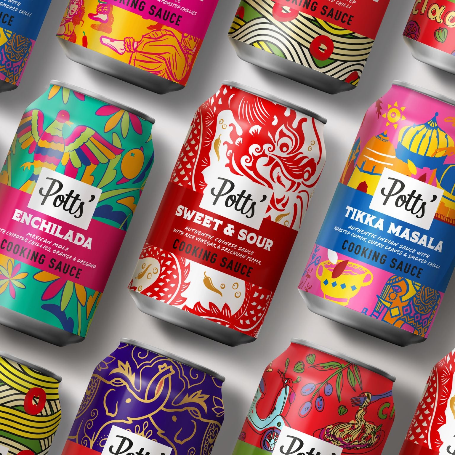 Potts sauce cans featuring colourful updated branding on shelf.