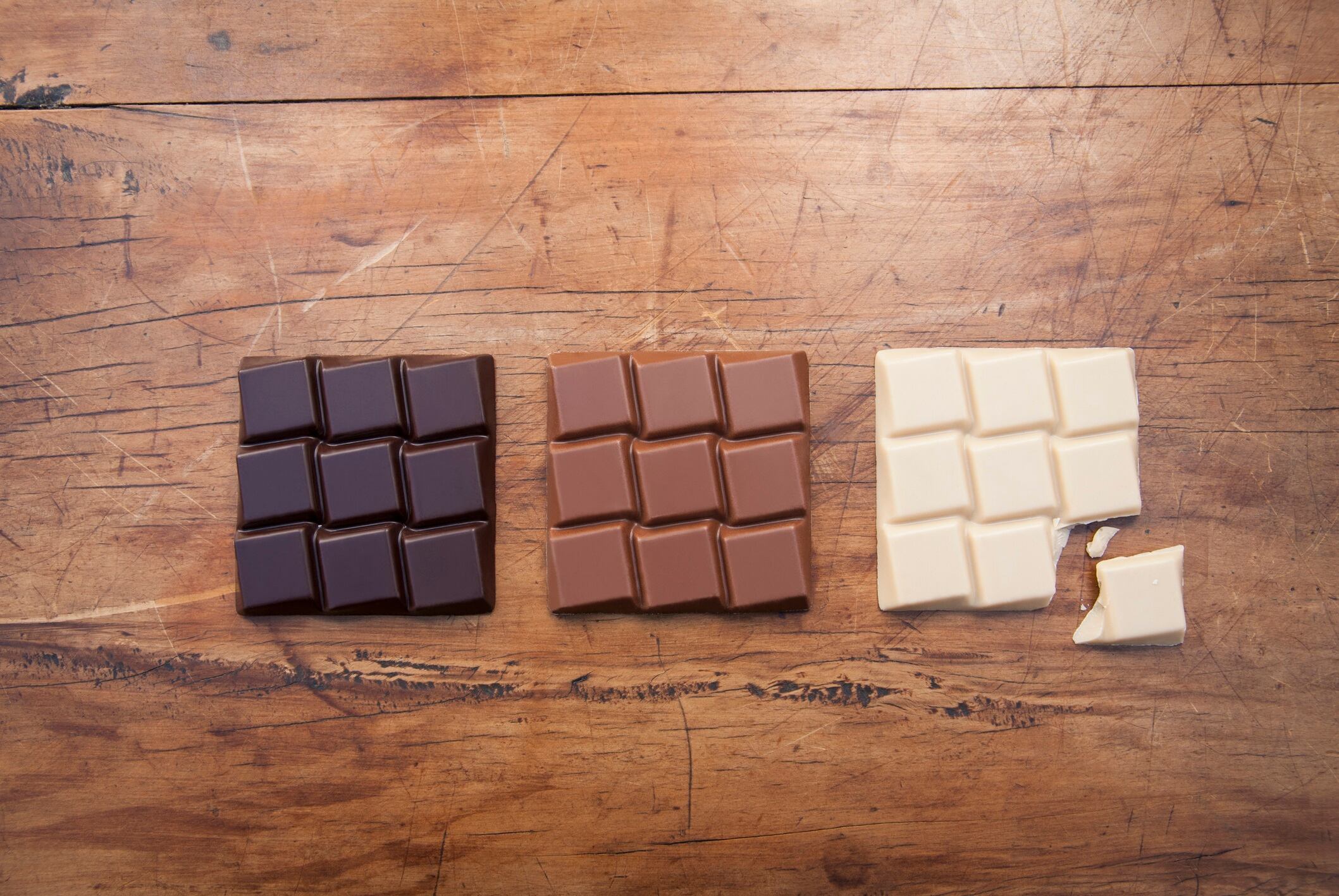 White, dark and milk chocolate squares on wooden background.