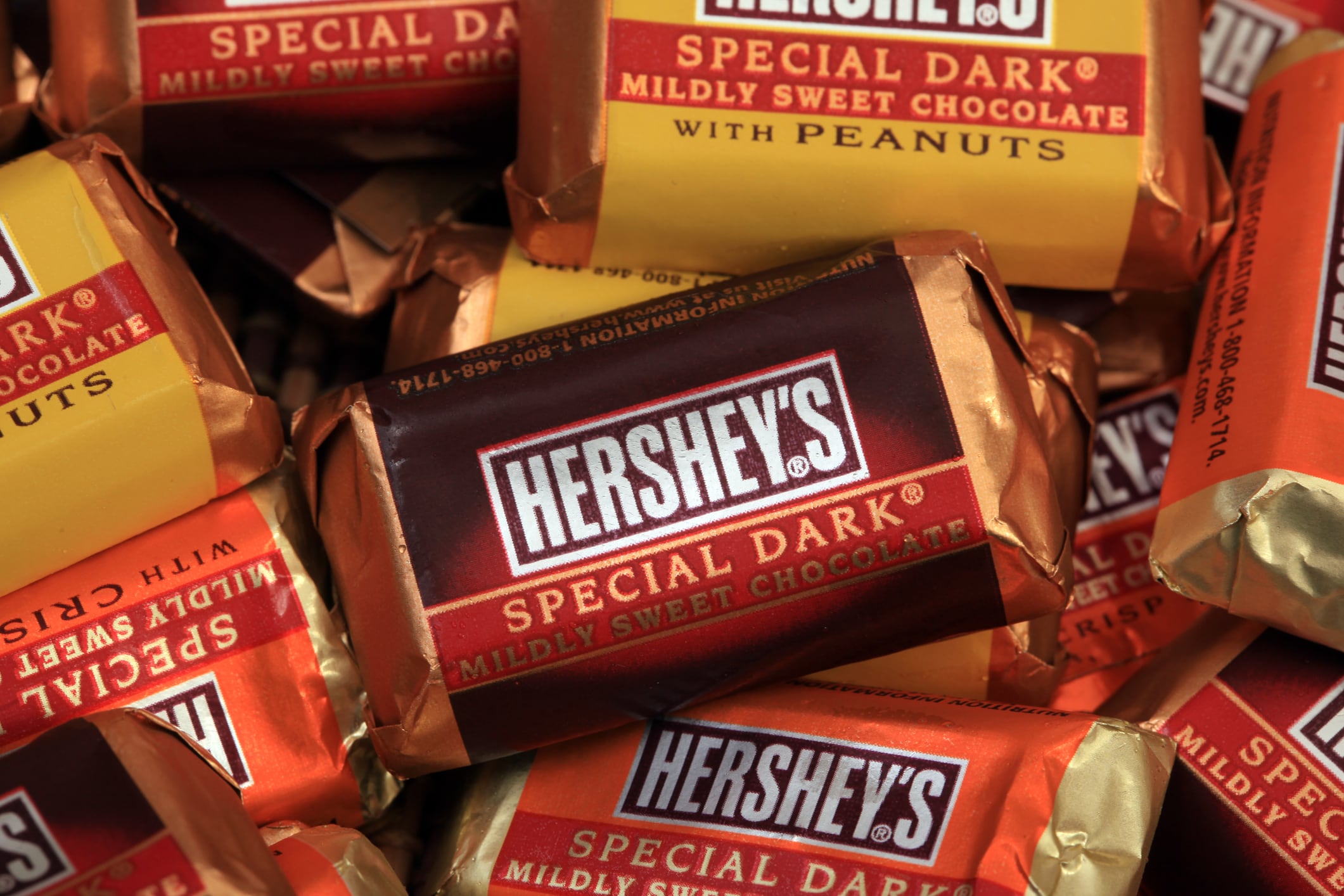 Stack of Hershey mini chocolate bars.