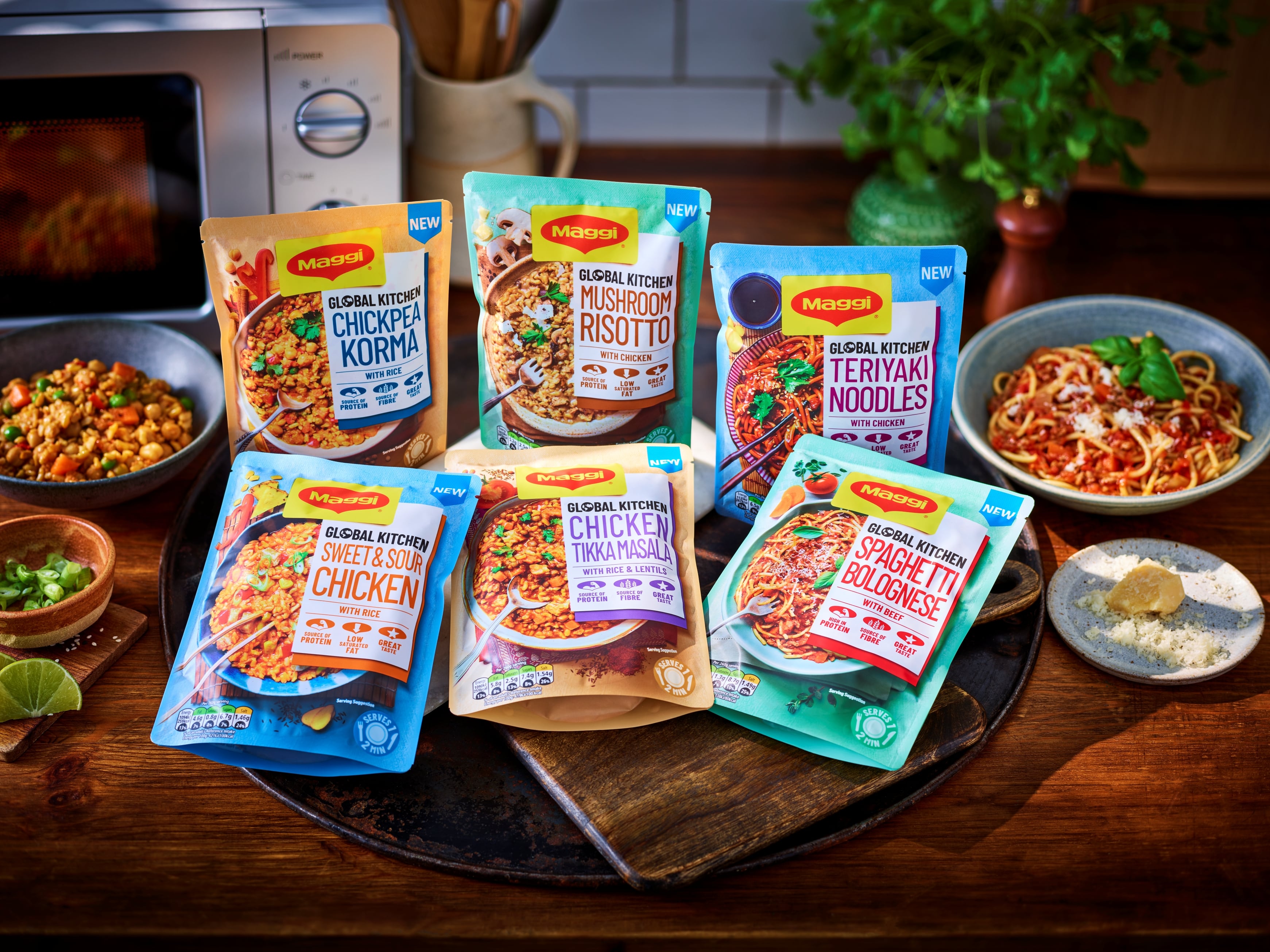 Maggi Global Kitchen microwave meal pouches on a kitchen counter.