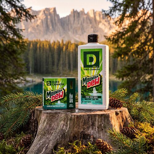 Men's grooming brand Duke Cannon leverages Mountain Dew's citrus-forward flavor profile for a eucalyptus and lemon scented line of soap and body wash.