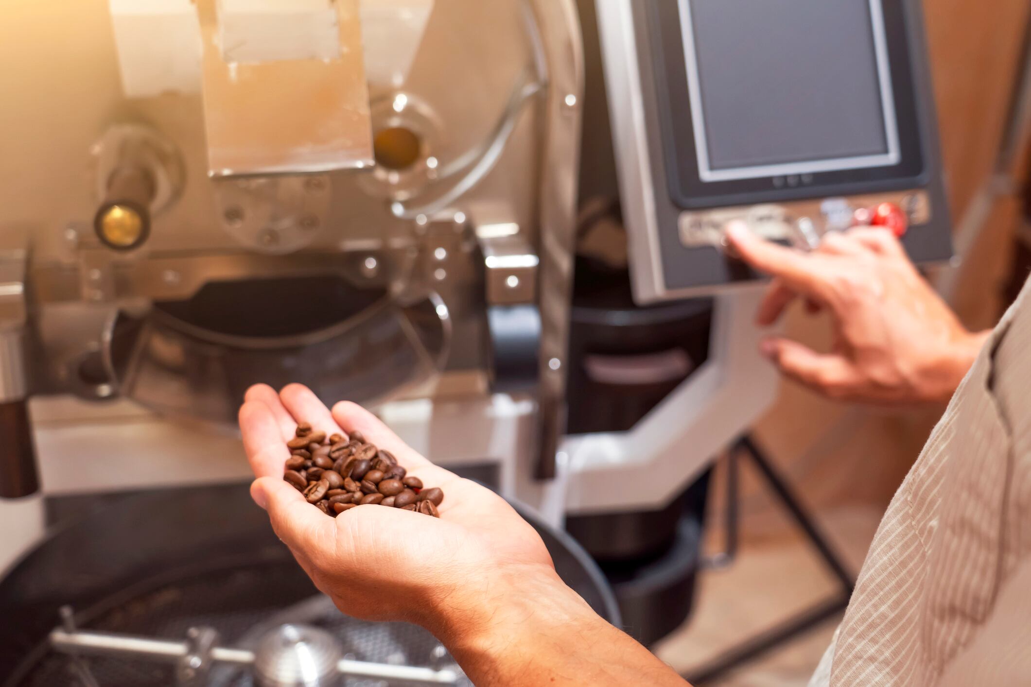 Handful of fried coffee grains. Roasted coffee beans in roasting machine in the production. High quality coffee beans manufacturing. Setting up electronics for software control.