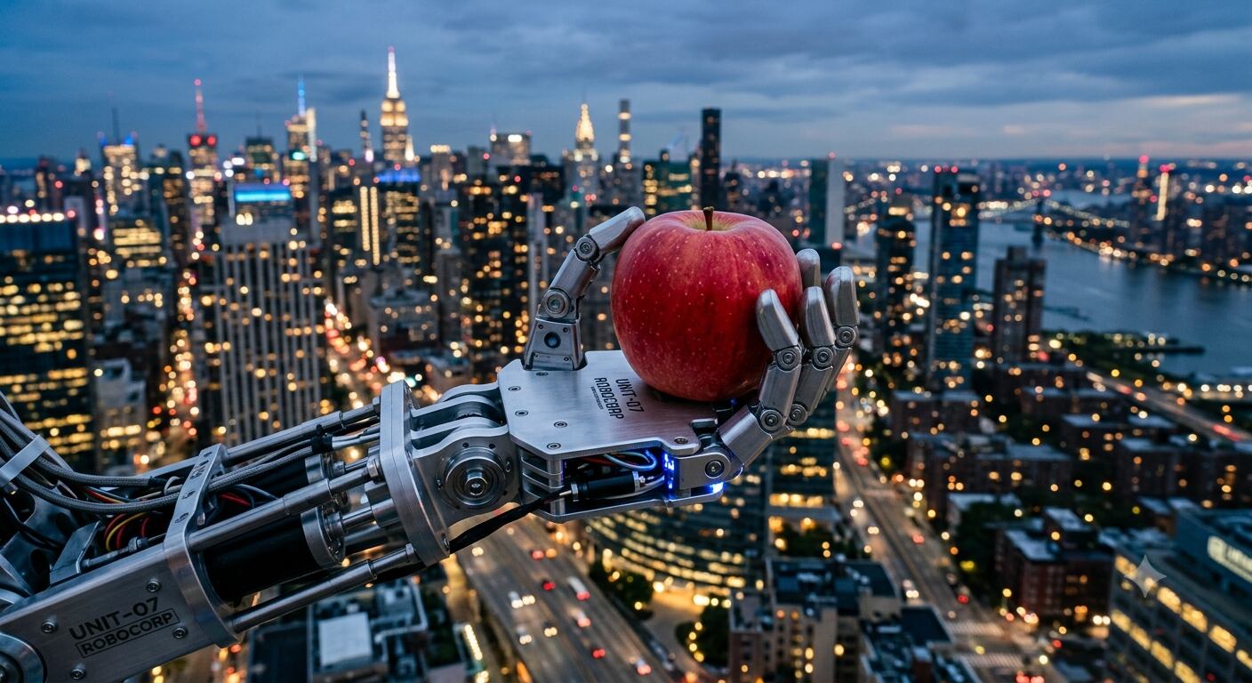 Robot hand holding an apple, cityscape behind it