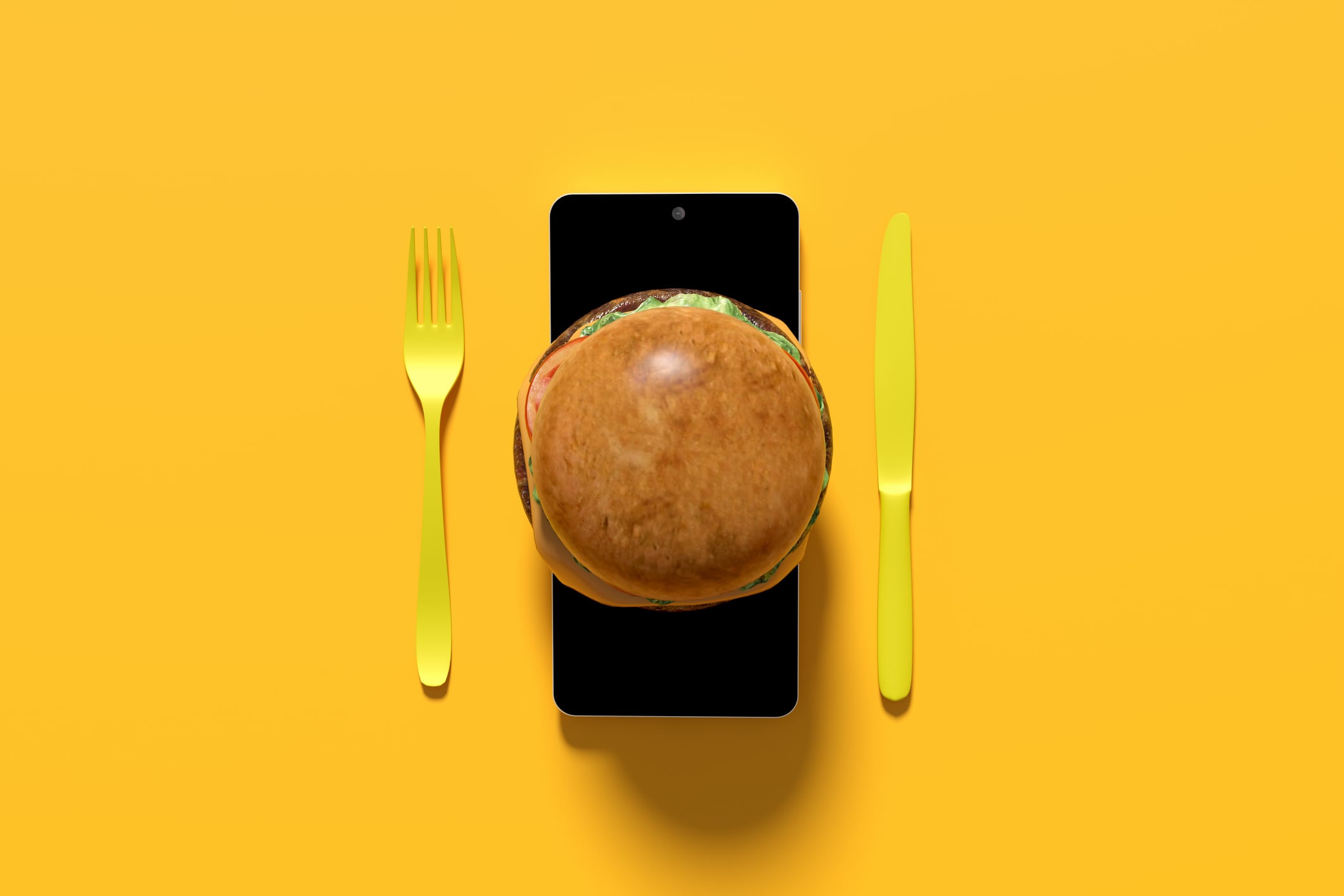 Hamburger lying on a smartphone screen with plastic fork and knife on each side, suggesting online food ordering. 3D render