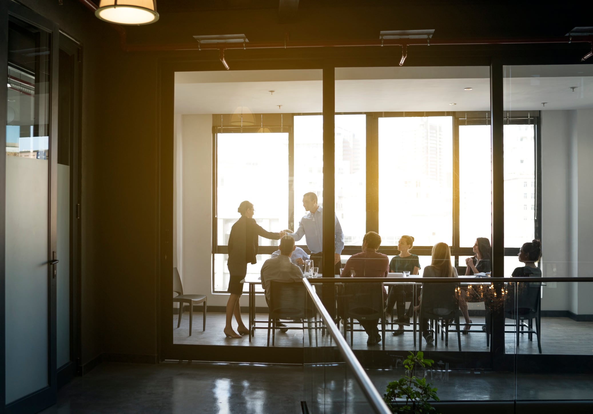Businesswoman shaking hands with male professional in board room. Executives are seen through glass walls at brightly lit office. All are in meeting.