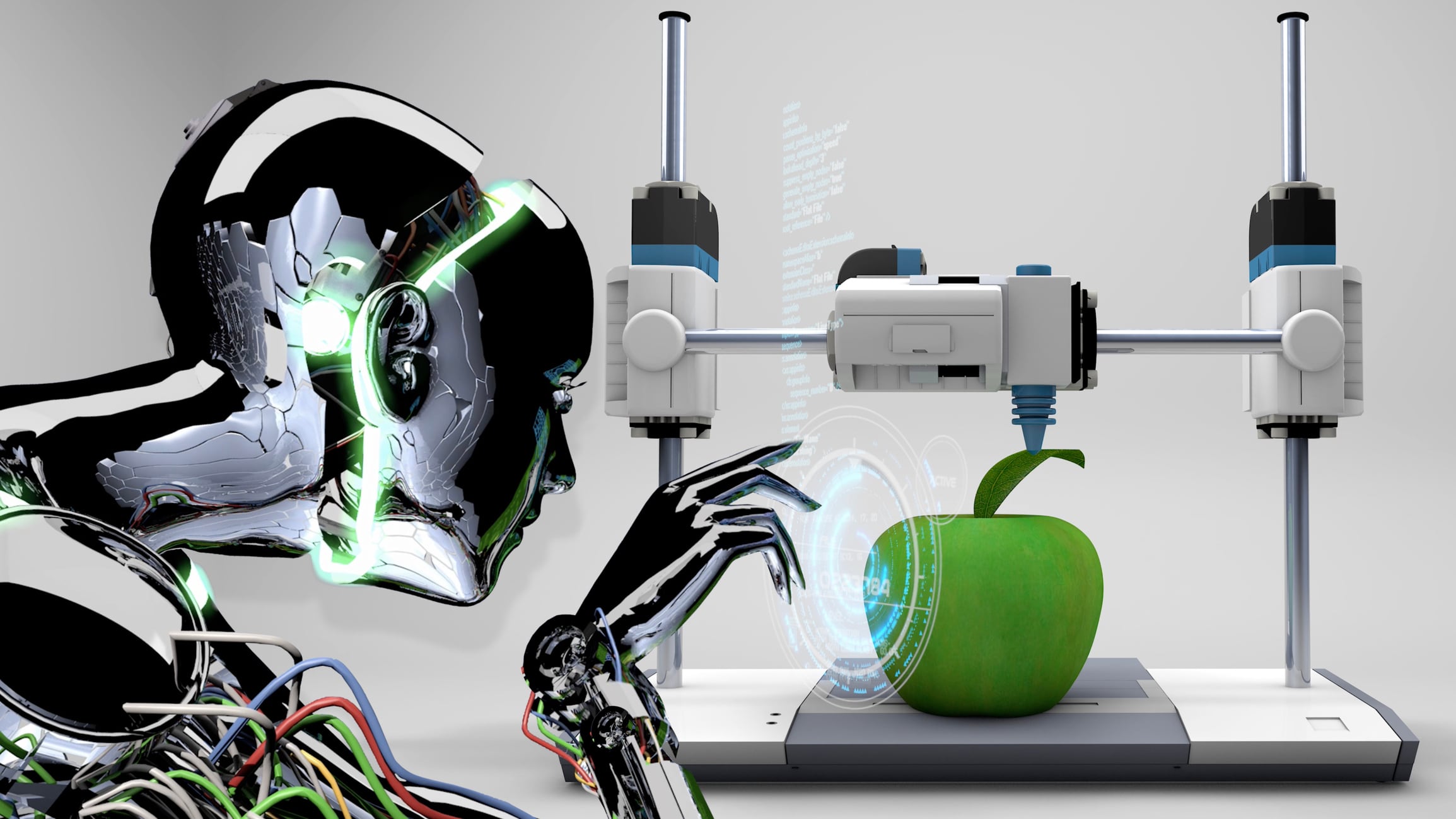 An artificial intelligence robot prints an apple using a high-tech, super-fast 3D printer. / You can see the animation movie of this image from my iStock video portfolio. Video number: 2193643831