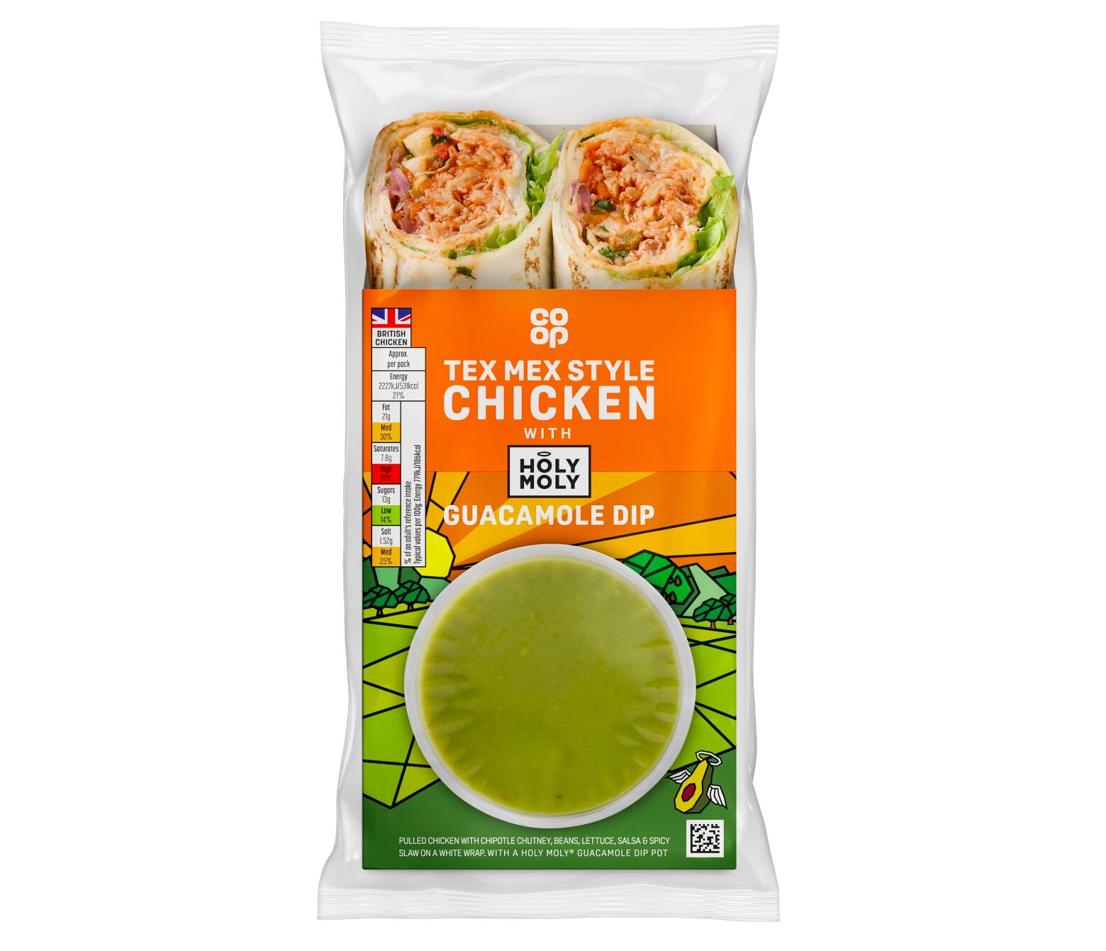 Tex‑Mex Chicken Wrap with Holy Moly guacamole pot from Co‑op’s premium meal deal range.