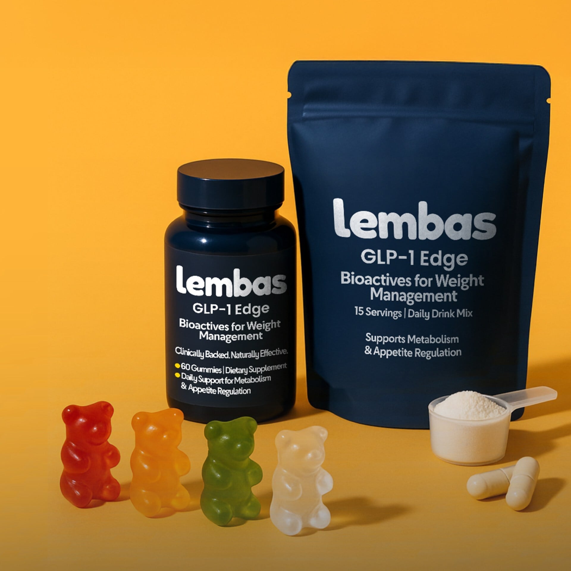 Lembas GLP-1 Edge™ shown in multiple formats- gummies, powder, and capsules- designed to support metabolism and appetite regulation through science-backed, food-grade bioactives for weight management