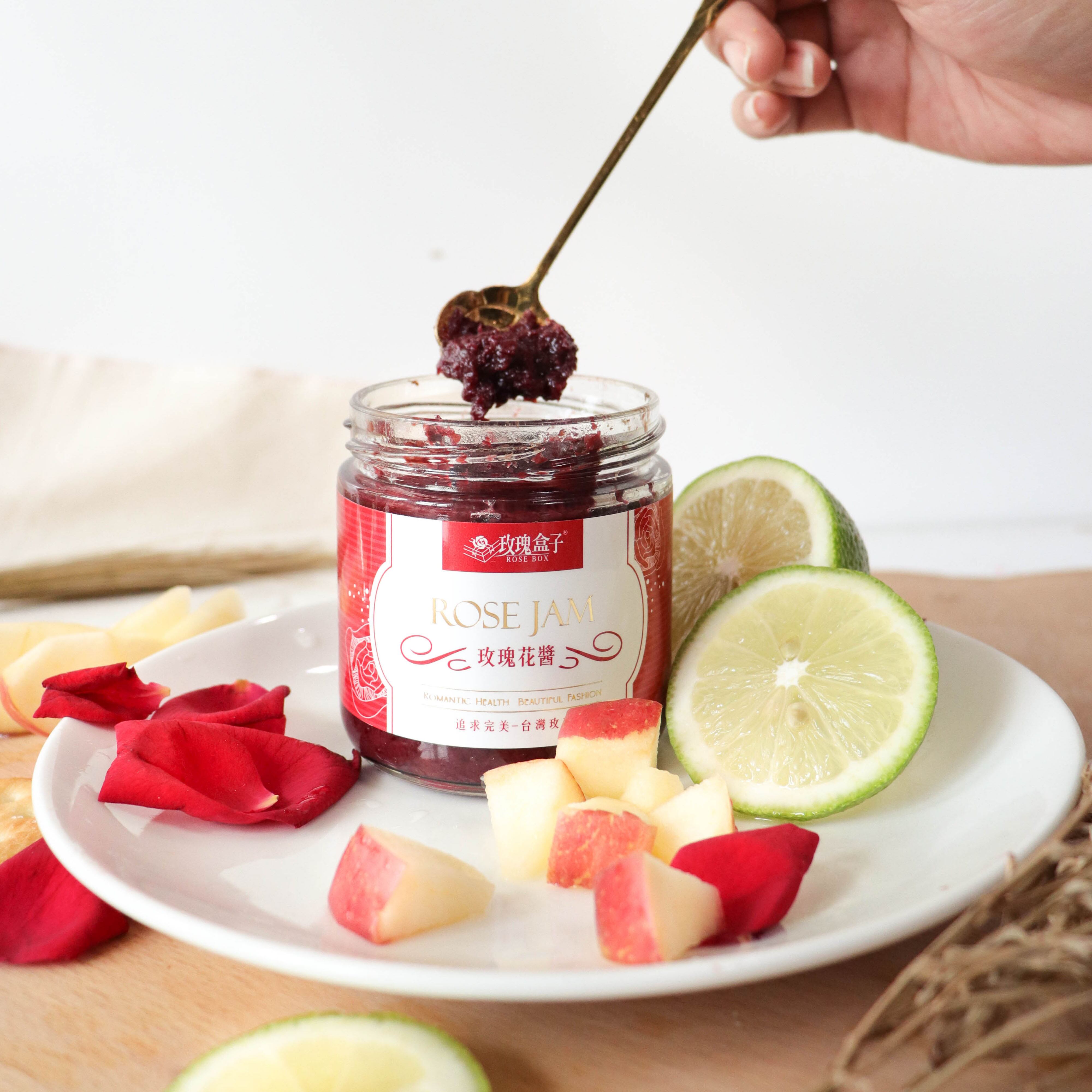 Rose Box's organic rose jam is made with roses, apples and lemon juice.