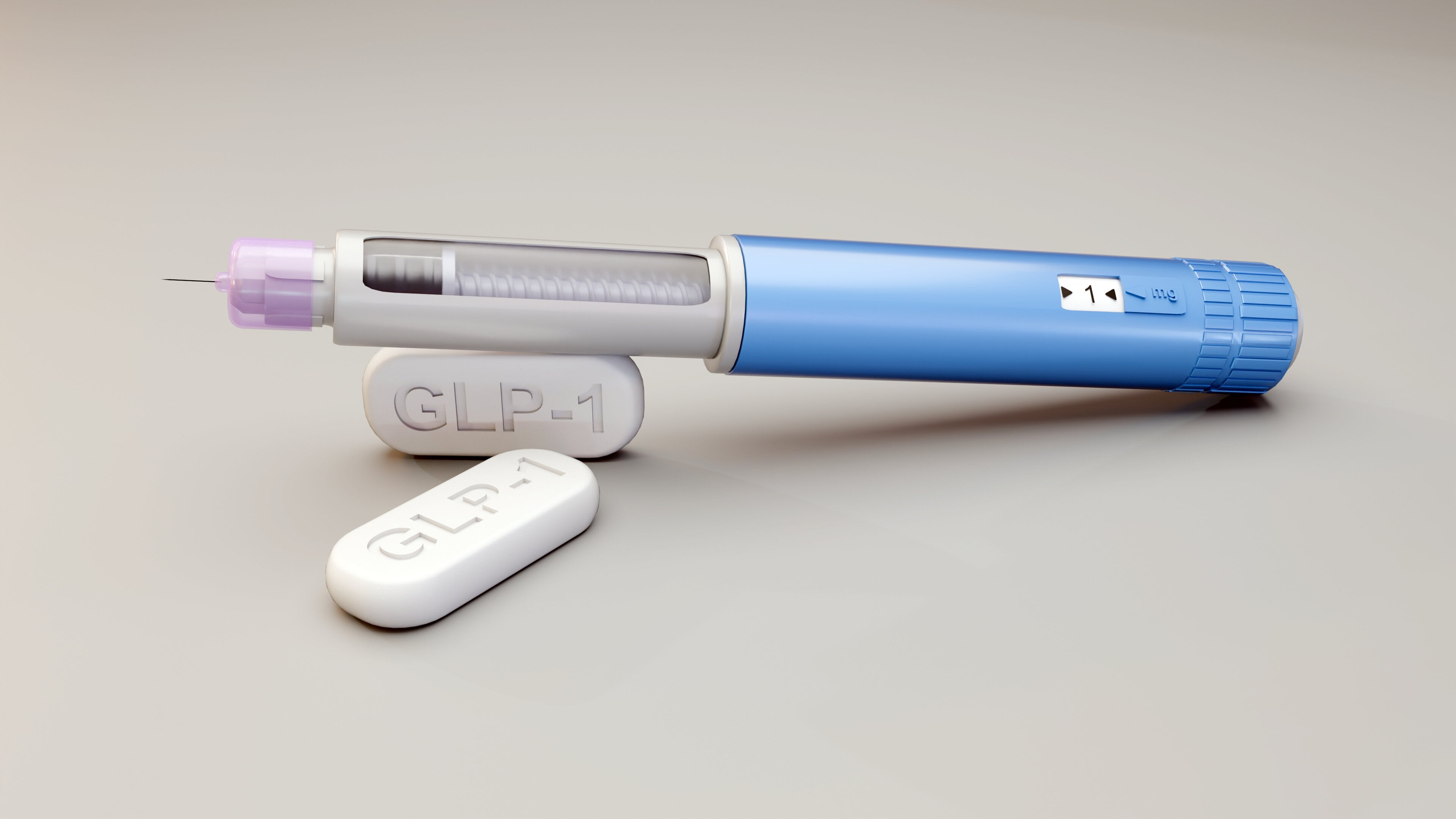 3D Medical Visualization of GLP-1 Therapy: An Injectable Pen and Surrounding Tablets with "GLP-1" Text, Illustrating Oral and Subcutaneous Agonist Options