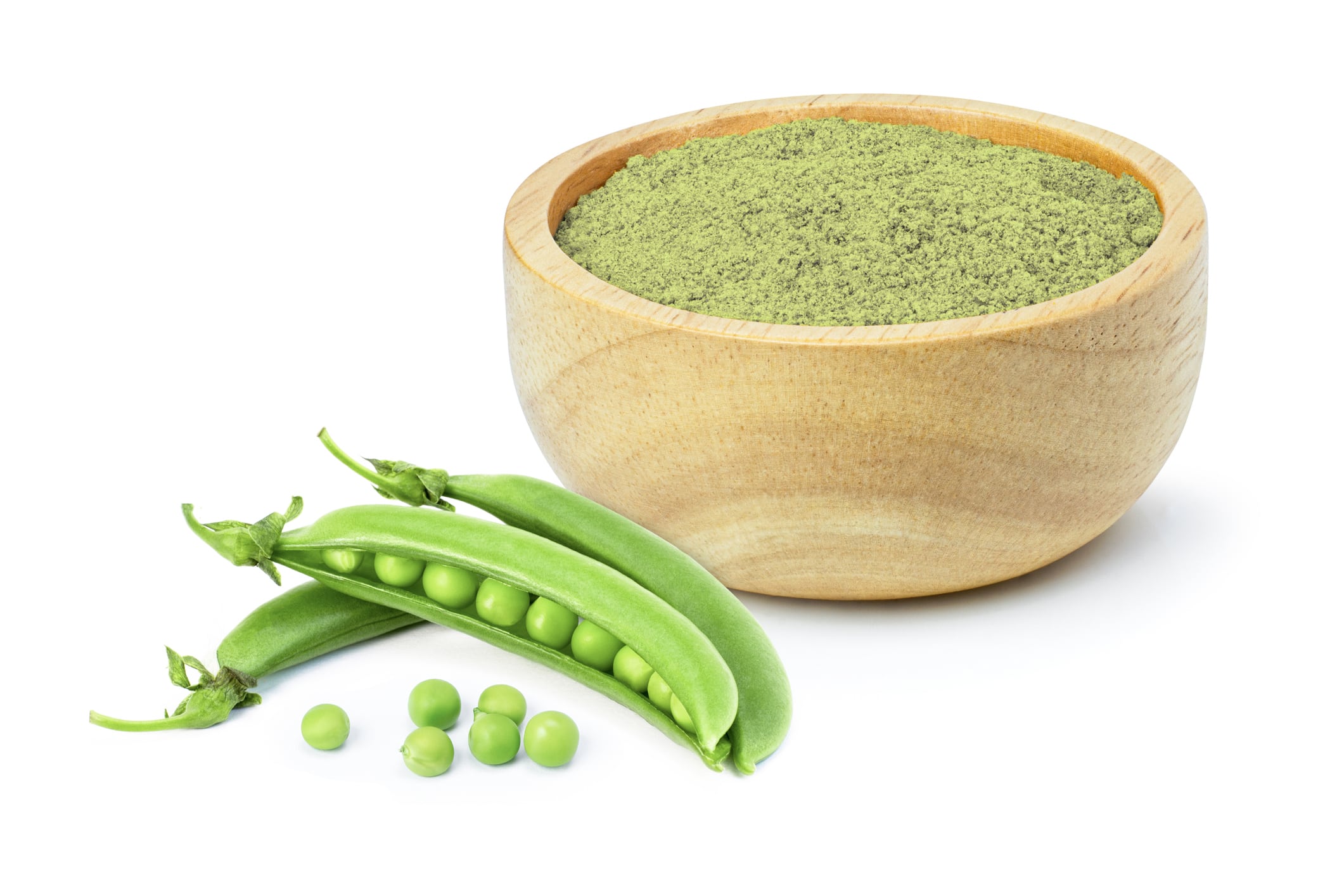 Green pea protein powder in wooden bowl and fresh green pea with seeds isolated on white background.