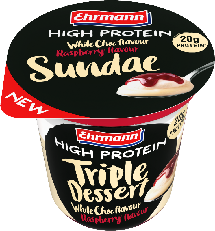 Ehrmann high-protein creatine pudding and layered sundae desserts.