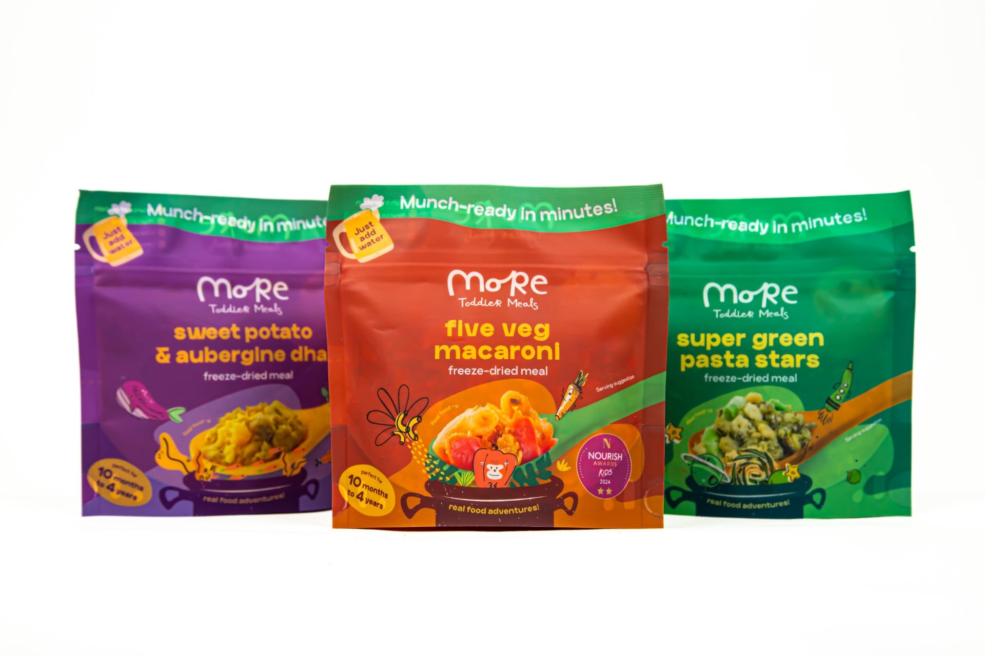 More Toddler Foods freeze-dried toddler meal packs with added water preparation.