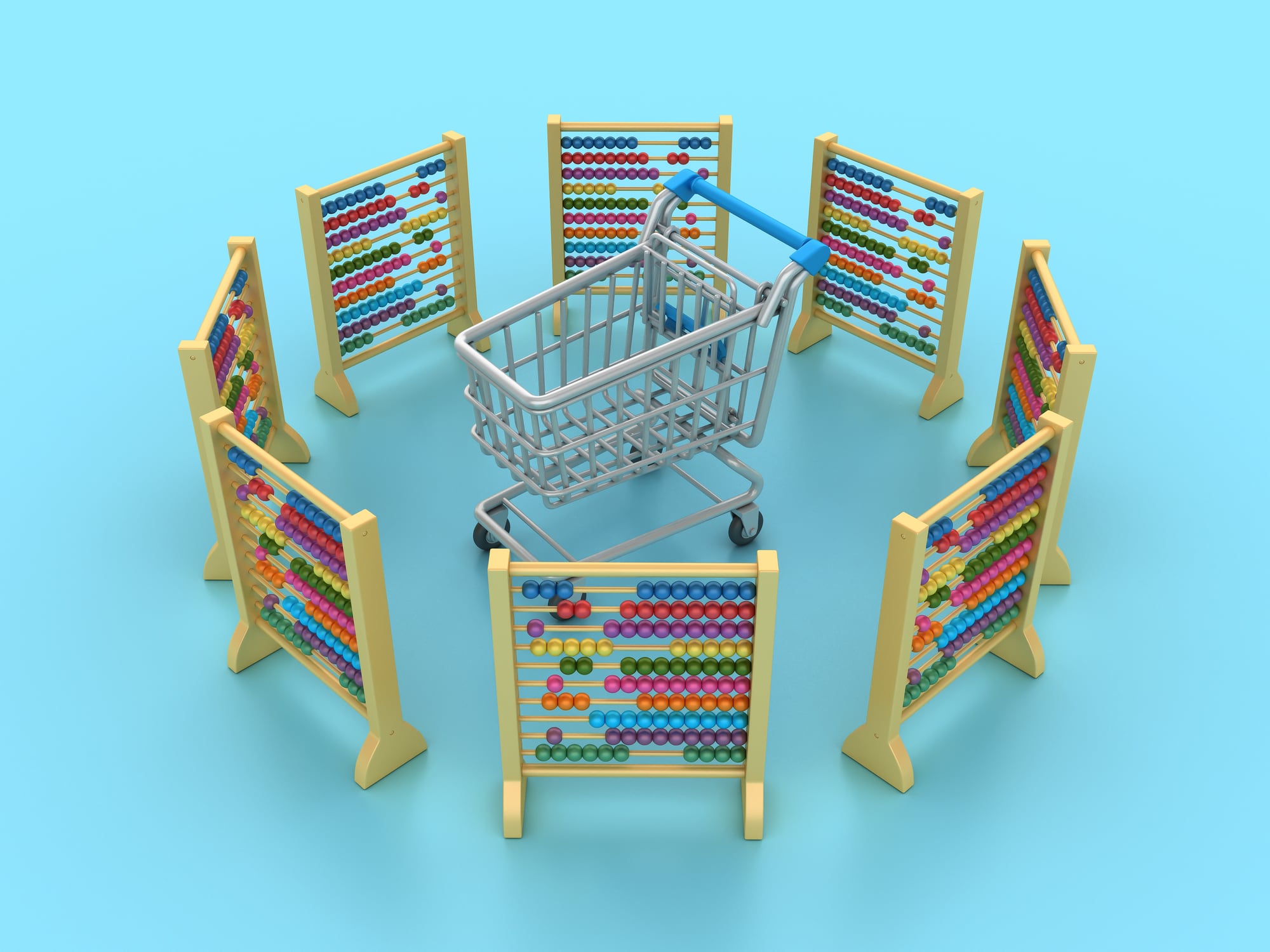 Circle of Abacus with Shopping Cart - Colored Background - 3D Rendering