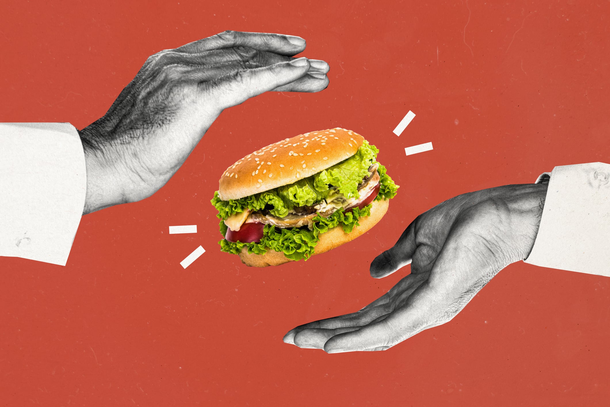 Composite photo collage of two hands want buy cheeseburger american food meal carbs fat unhealthy fast food isolated on painted background.