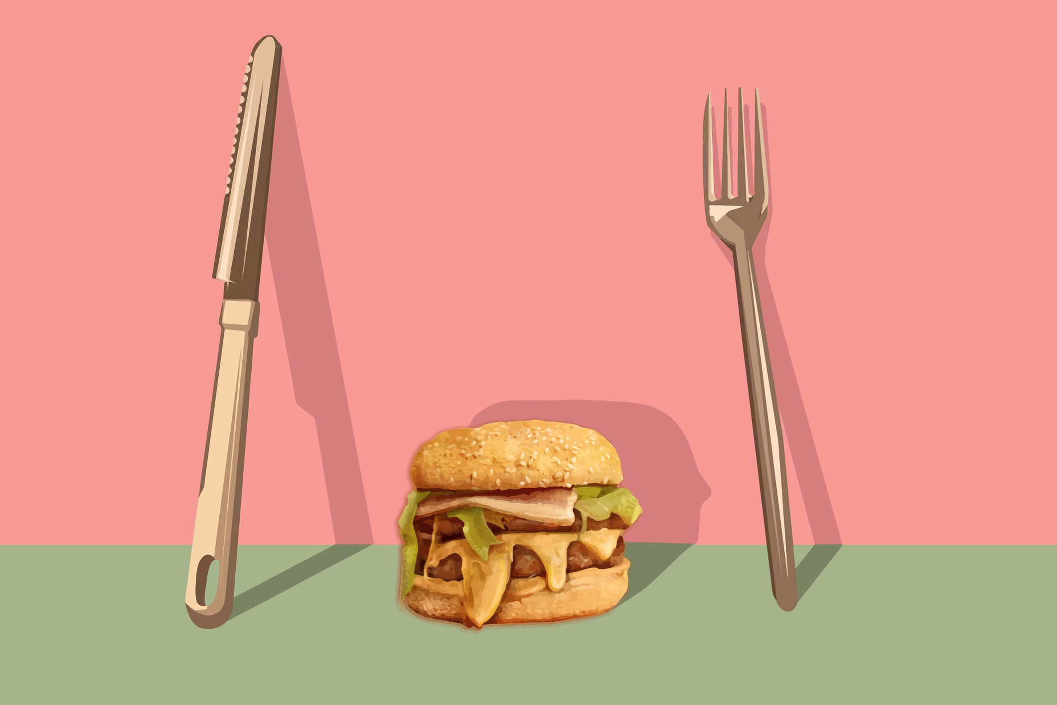 Illustration of a burger, fork and a knife. Fast food concept